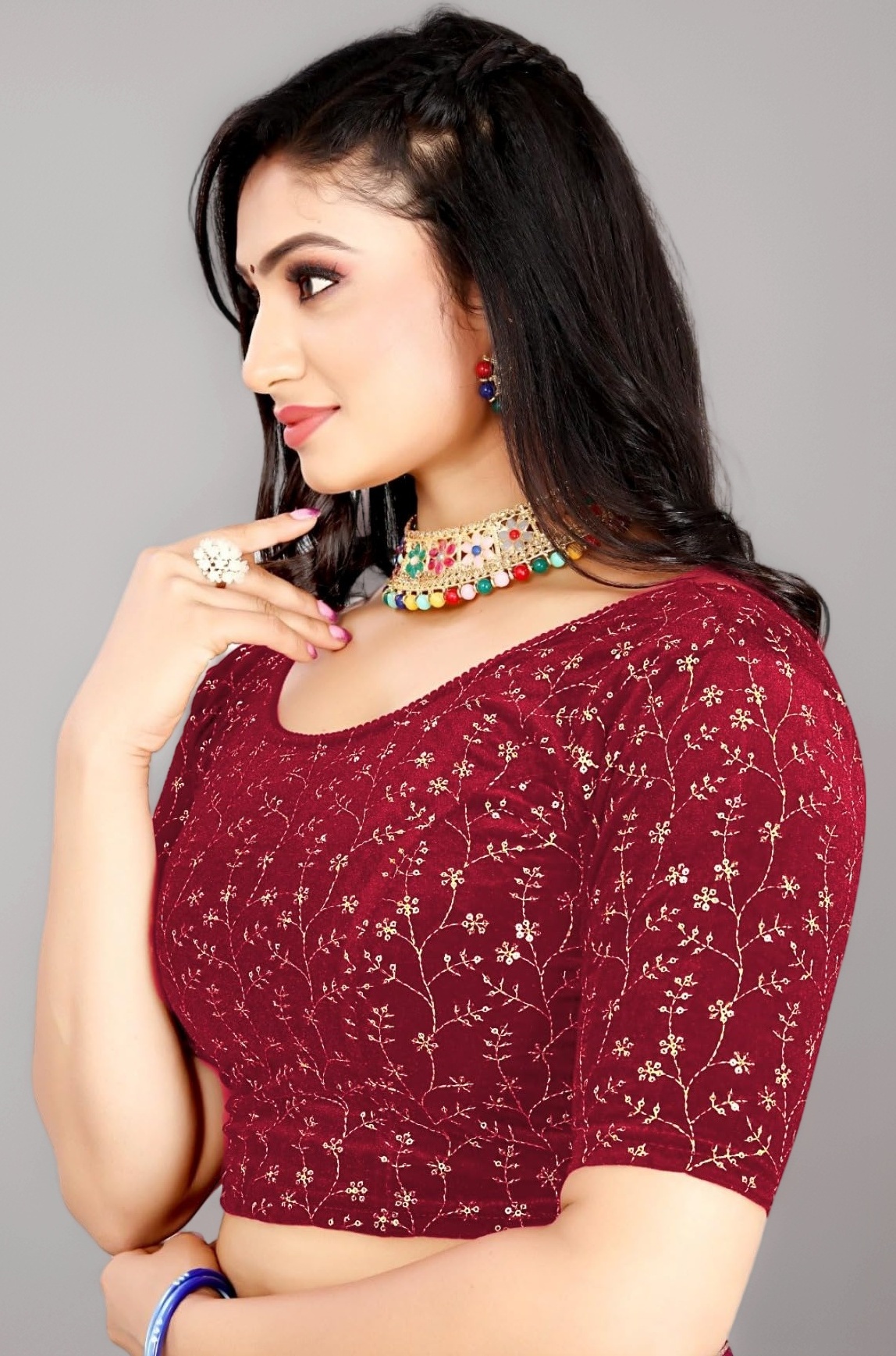 PU Fashion Blouse Stylish Golden Embroidery Work Blouse Stretchable Velvet Blouse New 2024 Collection Women's Saree Blouse