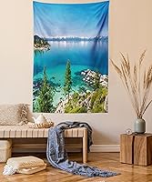 Vista 10 de Ambesonne Tapiz de palmera, impresión de imagen de atardecer tropical, estilo vintage, playa de verano, para colgar en la pared para dormitorio