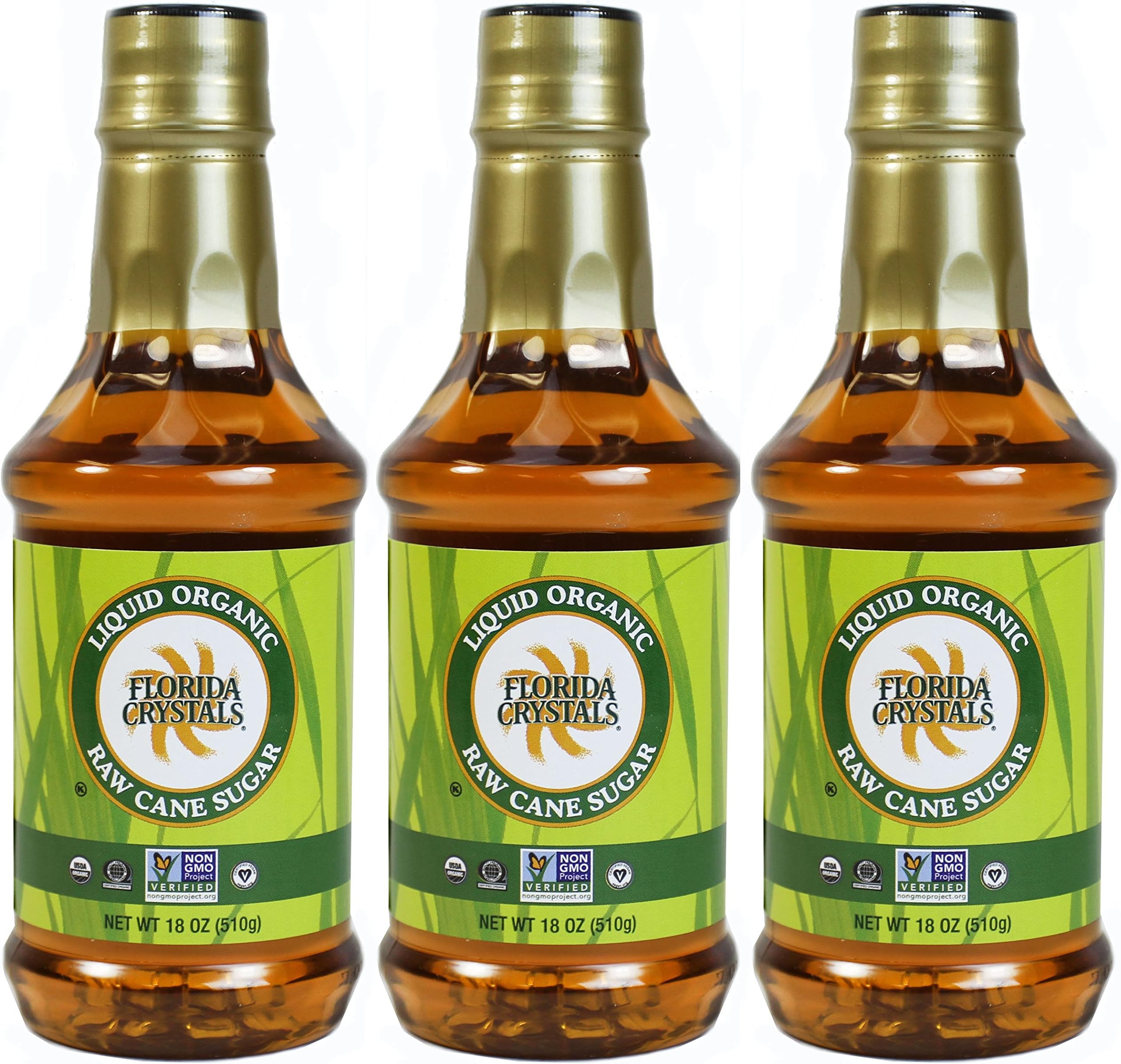 Florida Crystals Liquid Organic Raw Cane Sugar, Liquid Invert Sugar - Vegan Non-GMO Kosher - 18 Ounce Bottle (Pack of 3)