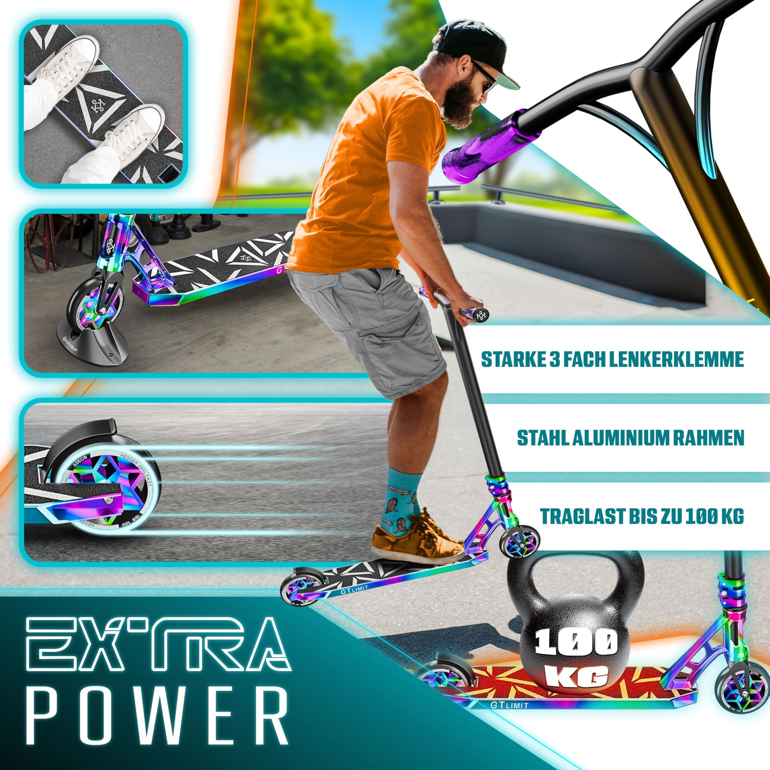 KESSER® Trougetinette de Freestyle GT-Limit 360Ḟ Direction trougetinette Funscooter Trougetinette de Freestyle avec béquille ABEC 9 roulements à Billes, Roues en PU 110 mm,
