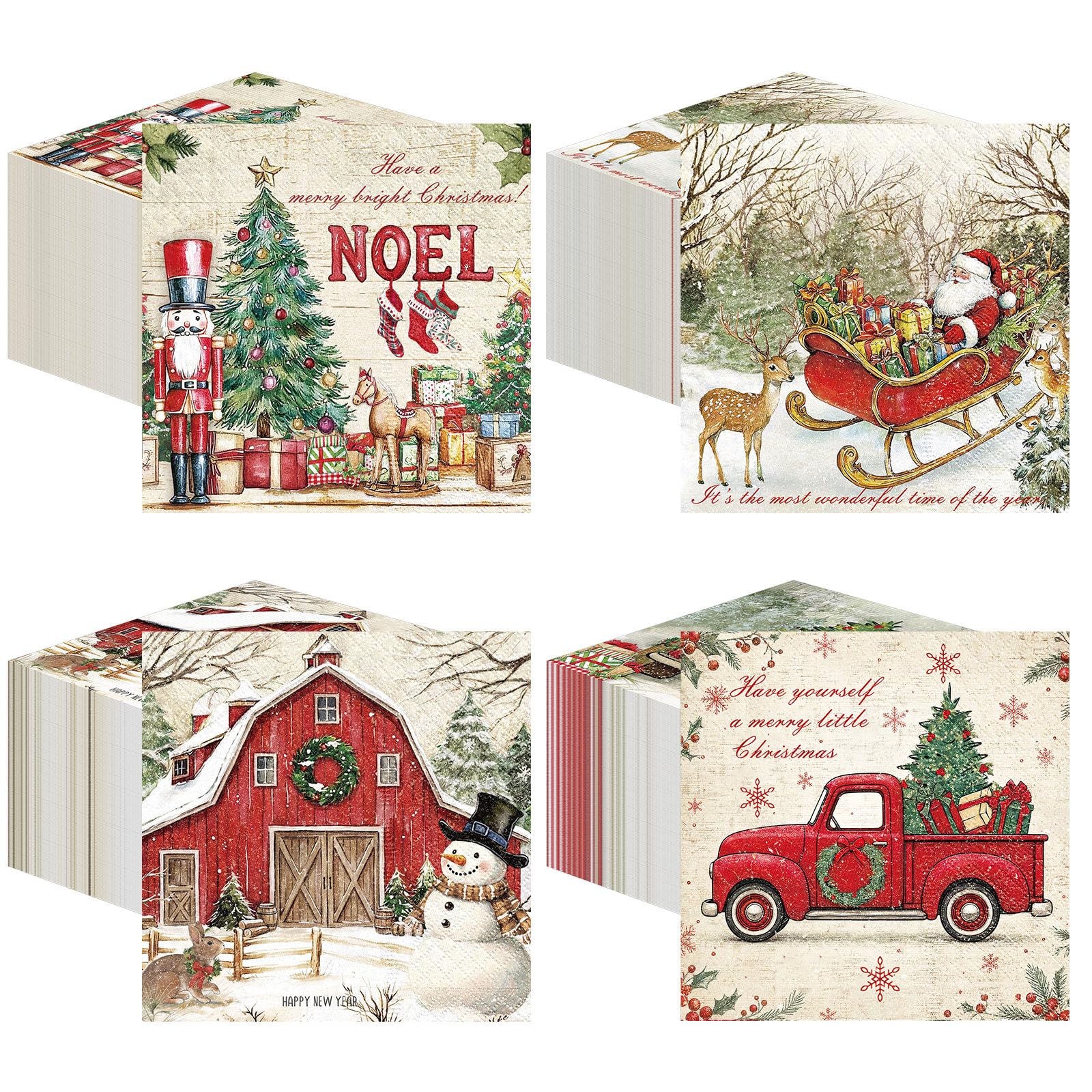 200 Pcs Christmas Napkins, Guest Paper Napkins for Decoupage, 4 Style