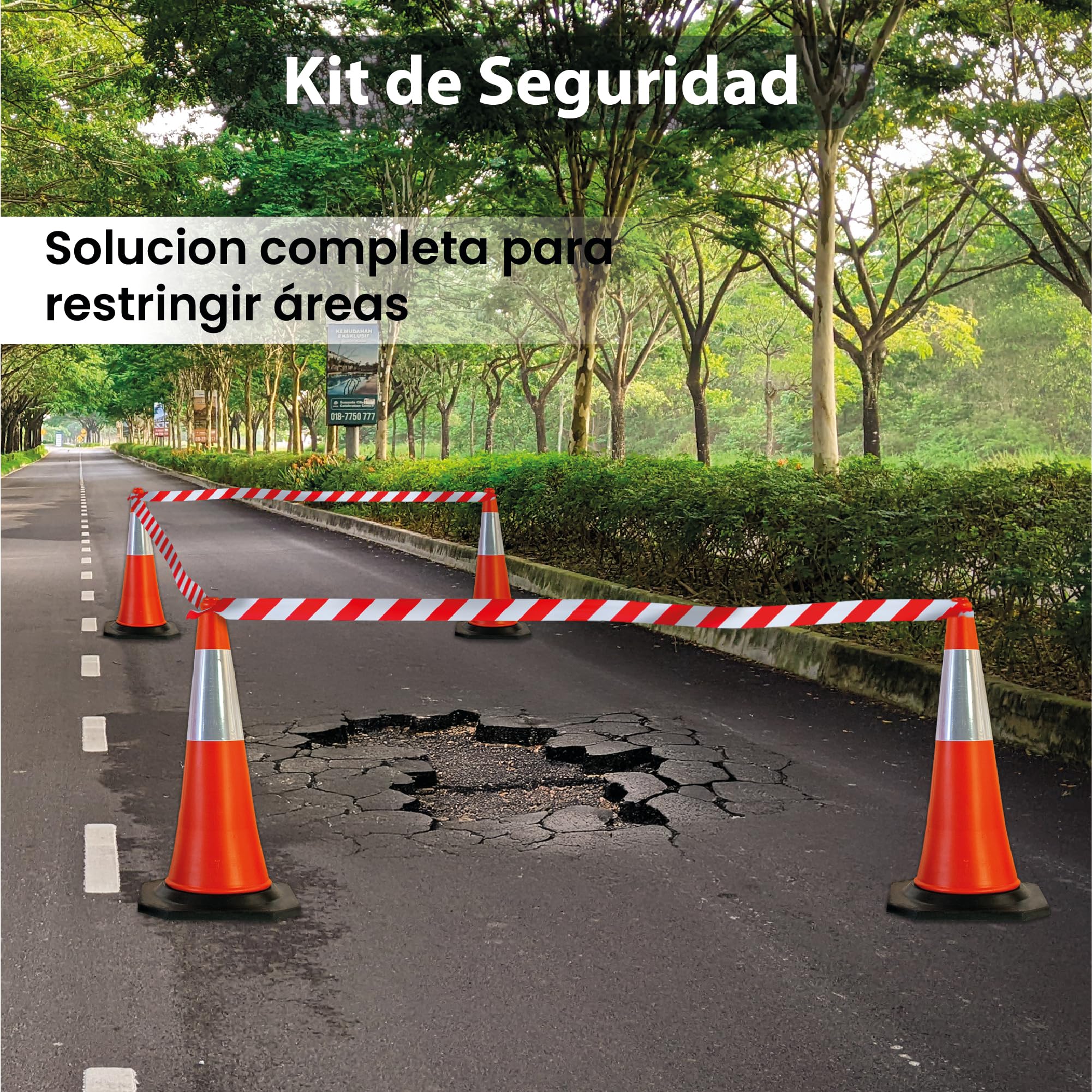 Pack Señalización - 4 Conos Tráfico 75cm Base Goma + 2 Cintas Balizamiento 200m Galga 200- Señalización Reflectante para Obra, Parking, Estacionamiento, Tráfico, Entrenamiento, Advertencia- 75x38x38cm