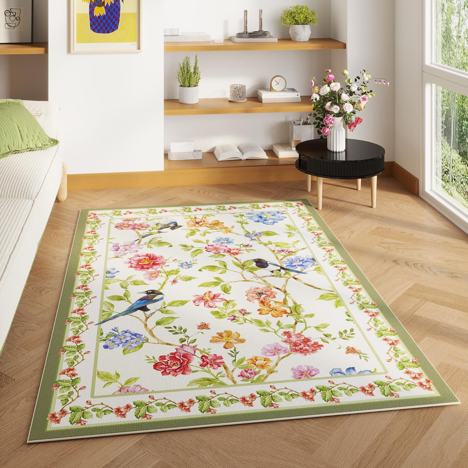 Bedroom Rug 3x5 Rug Washable Area Rug Non Slip Low Pile Floral Bird Magpies Animal Small Carpet for Bedroom, Bedside, Kitchen, Entryway, Kids Room, Office, College Dorm Essentials for Girls
