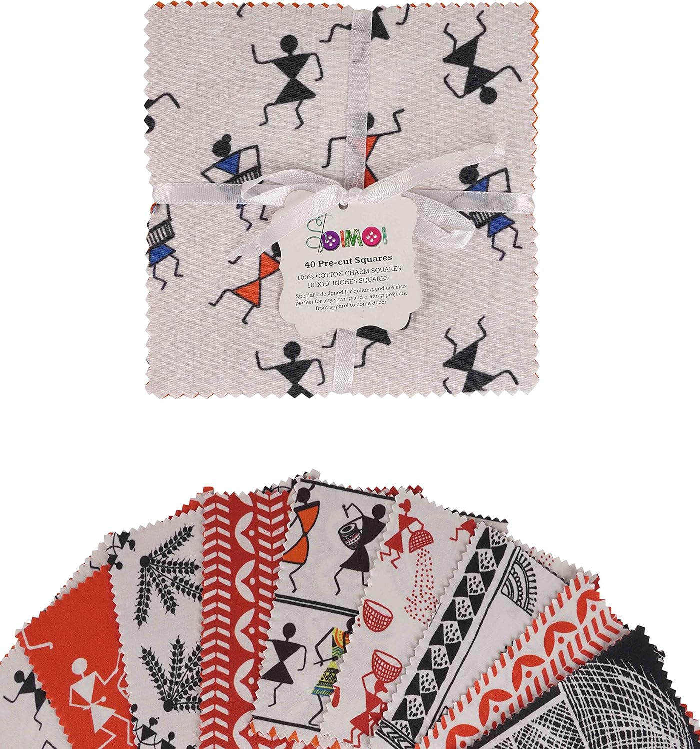Soimoi Warli Print Precut 10-inch Cotton Fabric Quilting Squares Charm Pack DIY Patchwork Sewing Craft-Dark Yellow