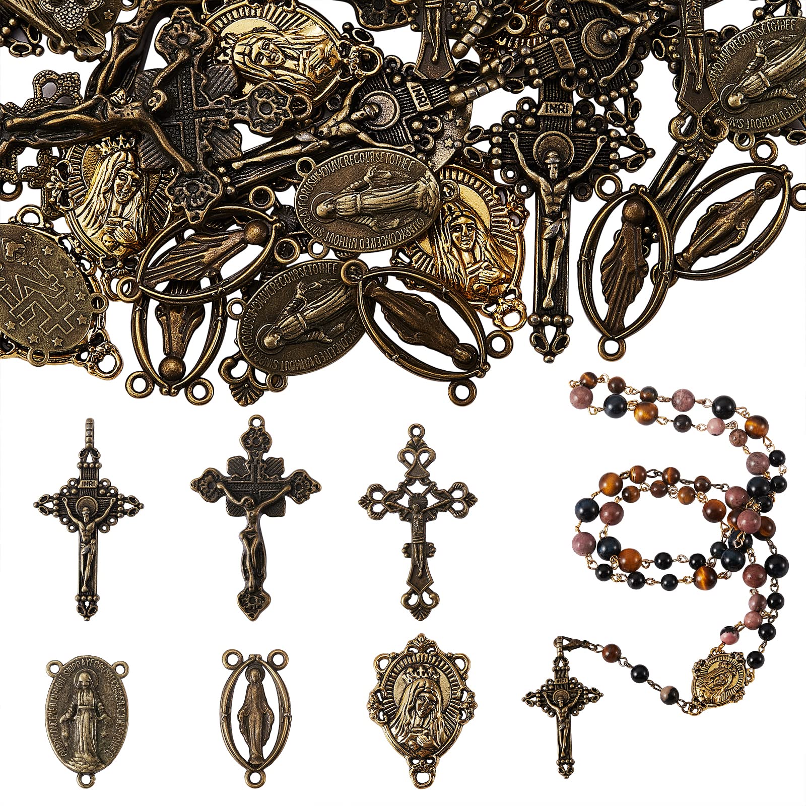 BEEFLYING 60pcs Tibetan Style Alloy Catholic Rosary Jesus Peace Crucifix Cross Center Mary Miraculous Medal Pendants Virgin Oval Links for DIY Necklace Jewelry Crafting Making