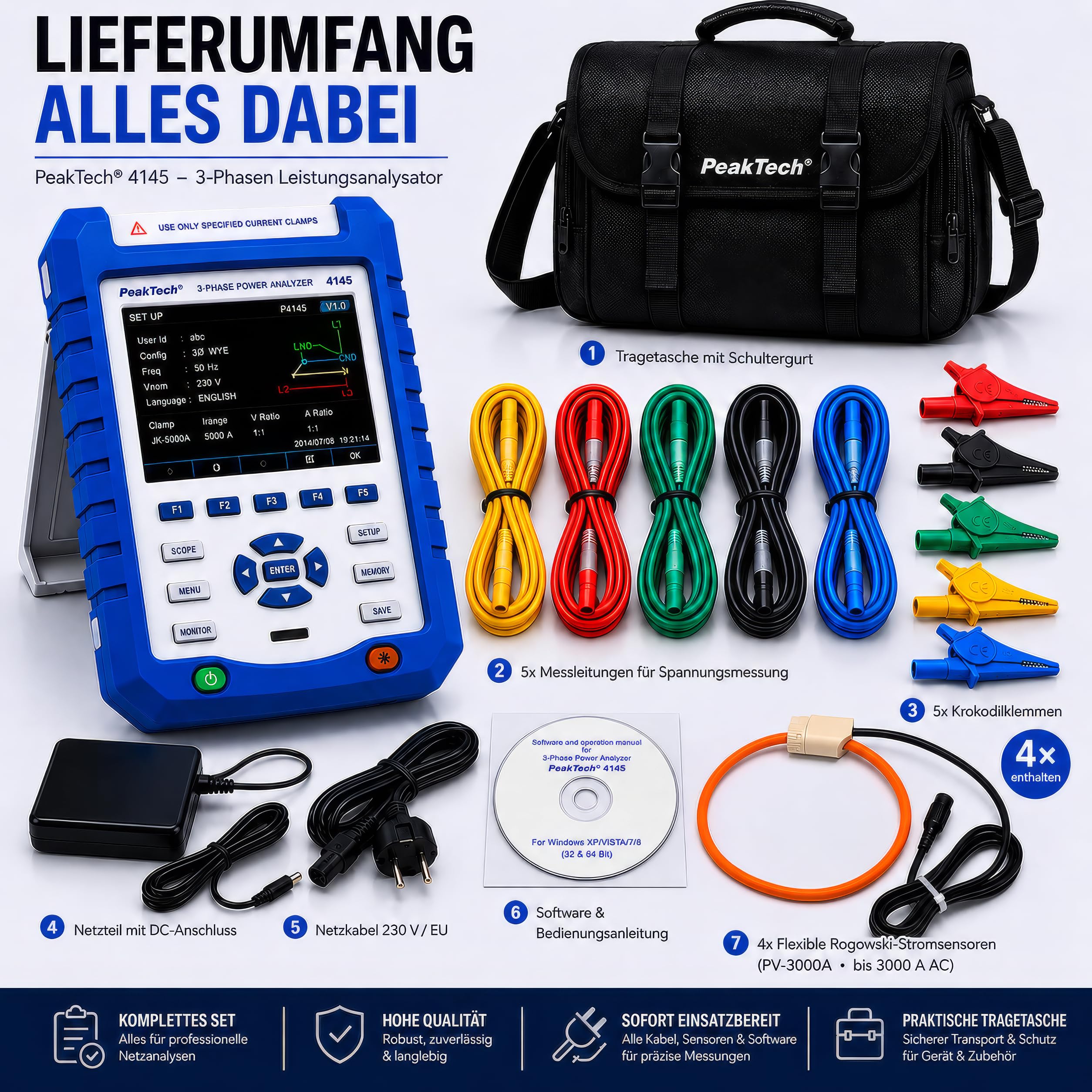 PeakTech P 4145 3-Phasen Leistungsanalysator Netzanalysator LAN USB TFT-Farbdisplay Datenlogger CAT III 1000 V