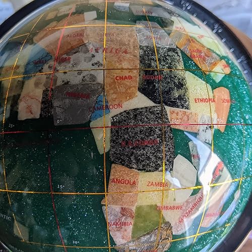 Miniatura 7 de Unique Art - Mesa de 10 pulgadas de alto cuarzo verde océano piedra preciosa globo mundial con soporte de aleación de zinc chapado en cobre cobre
