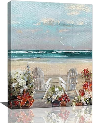 reoqeosy Decoración de pared de baño de playa costera, arte de pared de baño náutico, decoración de pared de baño, flores de playa, lienzo, pintura