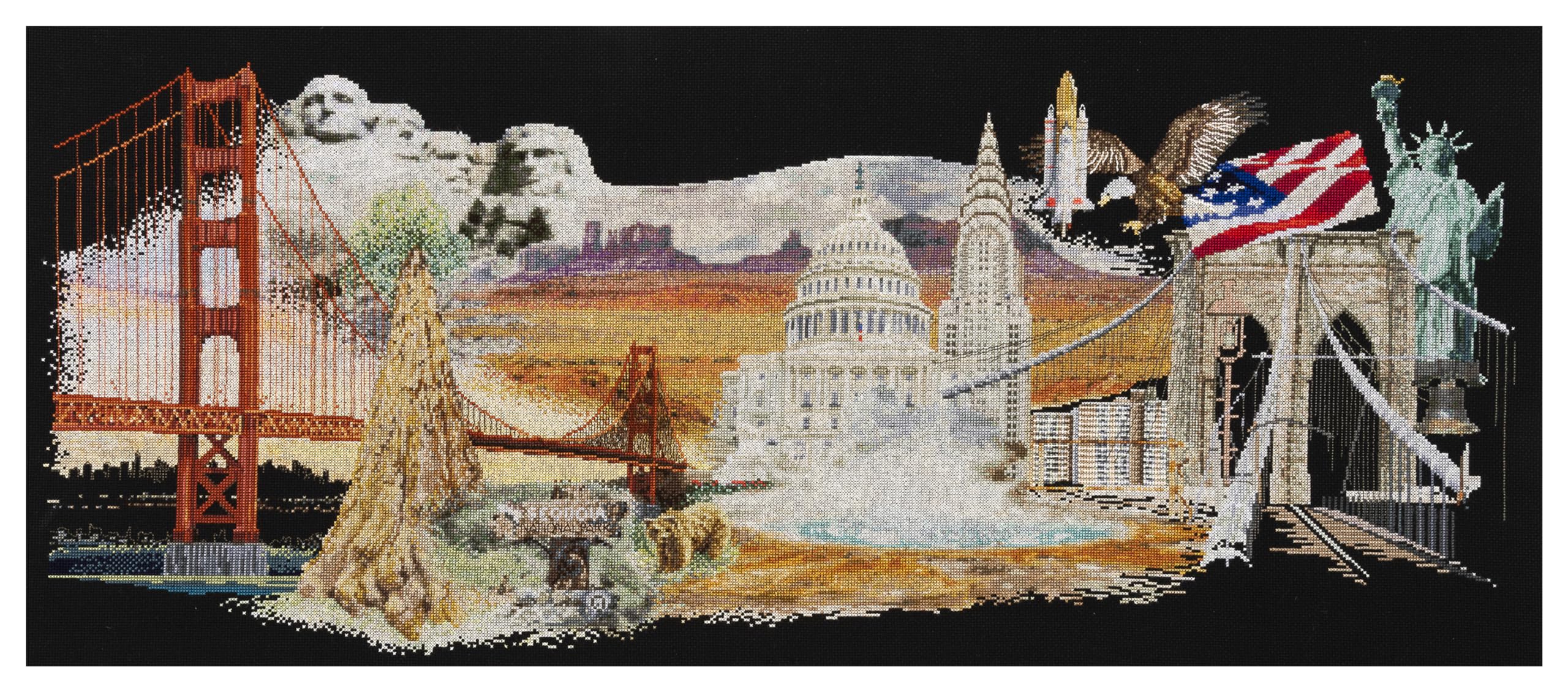 Thea Gouverneur - Counted Cross Stitch Kit - America - Aida Black - 18 Count - Embroidery Kit for Adults - DMC Embroidery Threads and Other Cross Stitch Supplies Included - 544.05