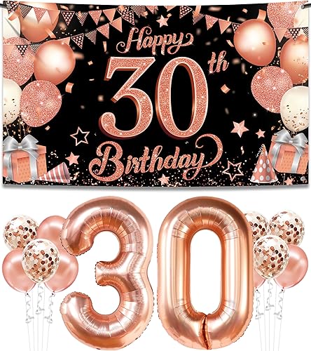 KatchOn, Globos grandes de 30 cumpleaños de color oro rosa  Paquete de 11  Globos de oro rosa del número 30  Cartel de 30 cumpleaños de oro rosa