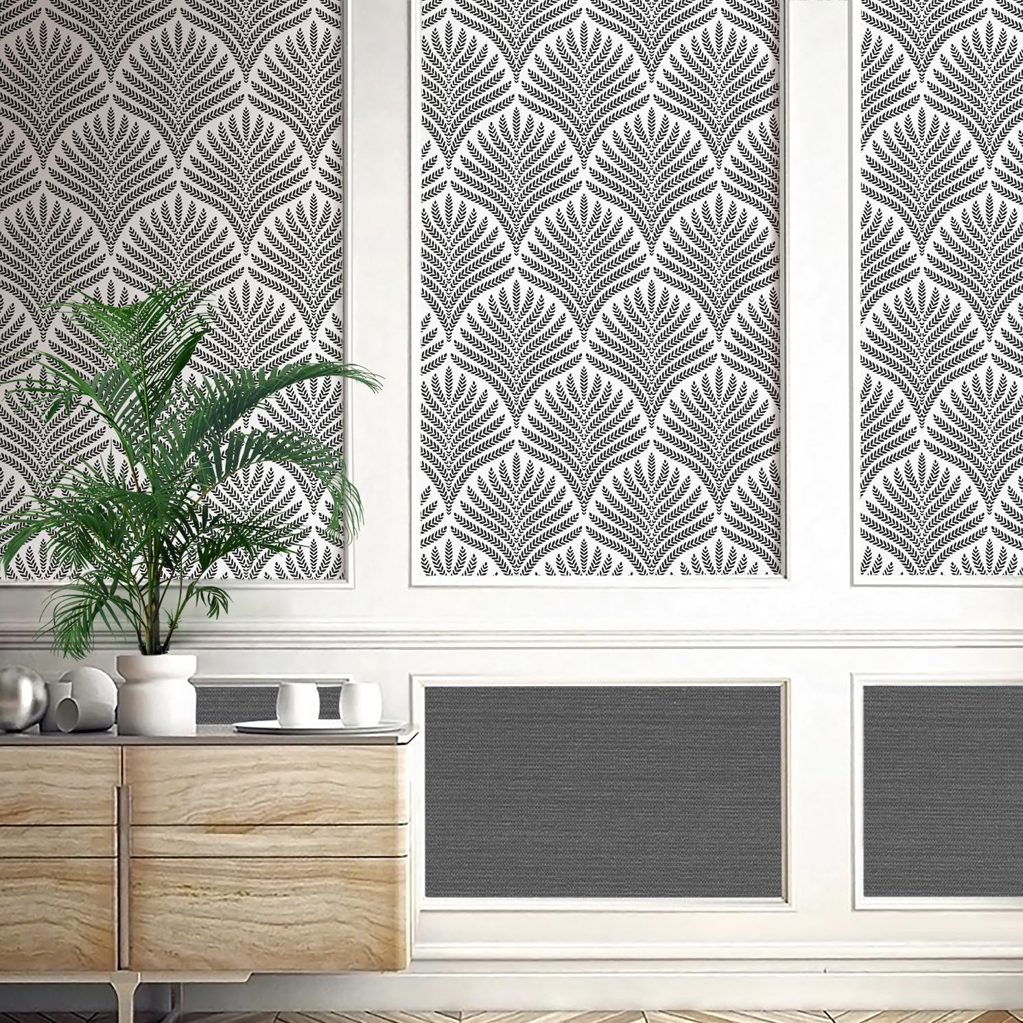 Cohoo Home Black and White Peel and Stick Wallpaper Boho Contact Paper for Cabinets and Drawers Modern Self-Adhesive Wallpaper Leaf Geometric Contact Paper Bathroom Bedroom Waterproof 17.3inW 393inL