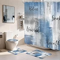 Vista 8 de Juego de 4 Piezas de Cortina de Ducha Amarilla y Gris, Juegos Completos de Baño con Cepillo Abstracto Moderno, Cubierta de Tapa de Inodoro, Tapete