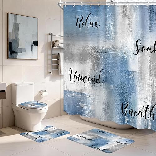 Miniatura 8 de Juego de 4 Piezas de Cortina de Ducha Amarilla y Gris, Juegos Completos de Baño con Cepillo Abstracto Moderno, Cubierta de Tapa de Inodoro, Tapete