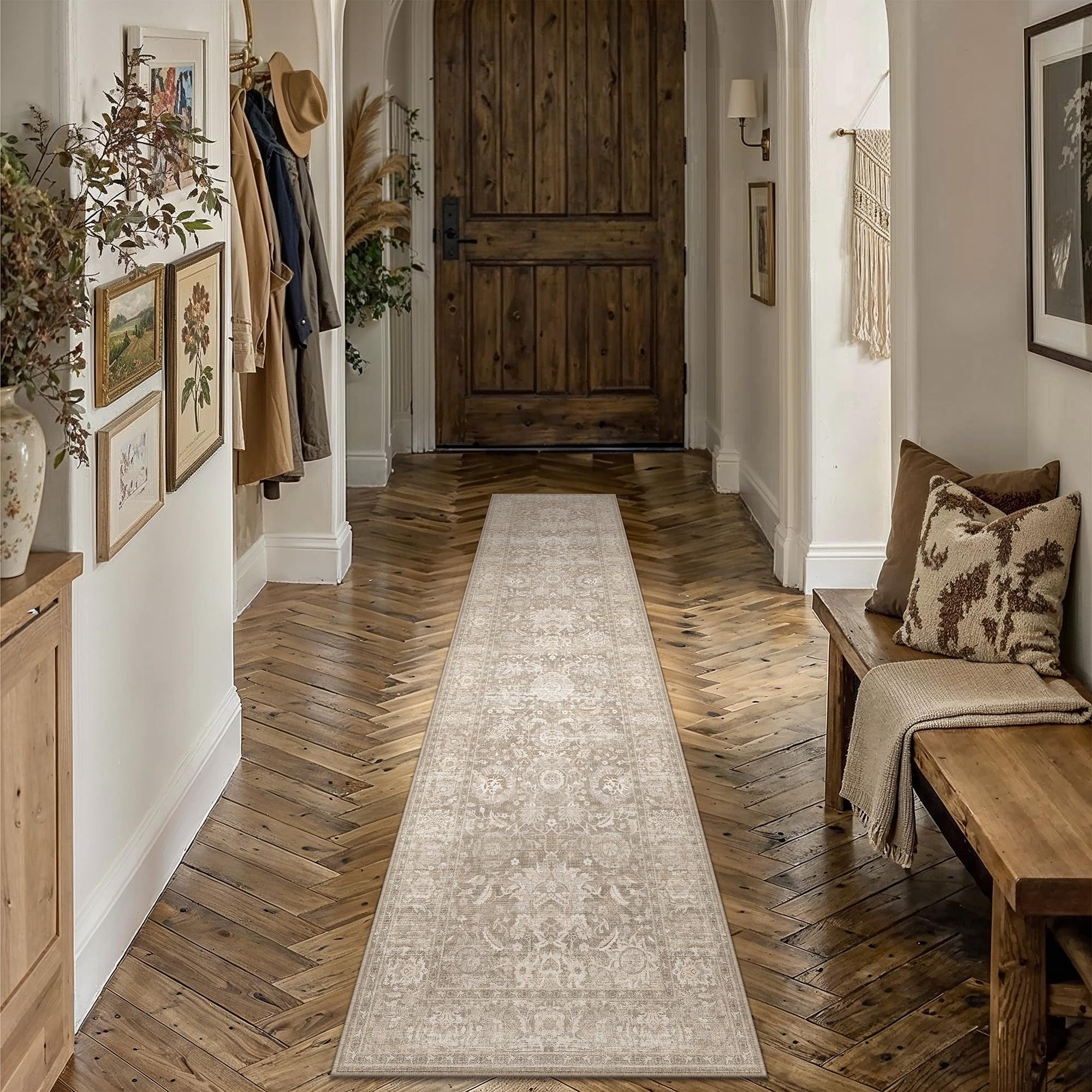 PureCozy Vintage Hallway Runner 60x240cm Beige Machine Washable Carpet Non Slip Long Rugs Kitchen Bedroom Office Dining Room Laundry Rug Soft Low Pile Indoor Carpets โ image 1