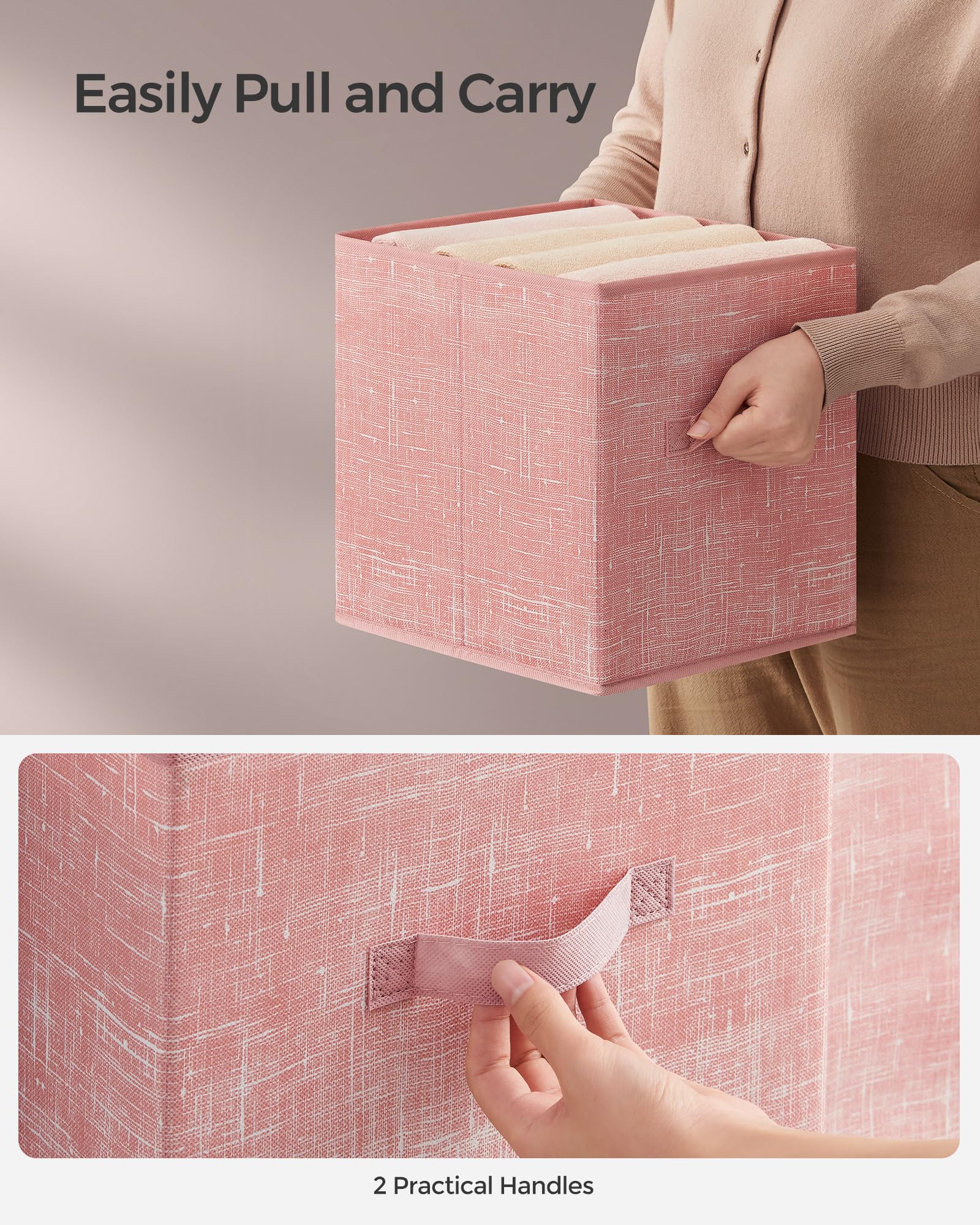 SONGMICS Set di 8 cubi portaoggetti in tessuto non tessuto con doppi manici da 27,9 cm, organizer per armadio, per mensole, pieghevoli, per vestiti, rosa gelatina UROB826R01