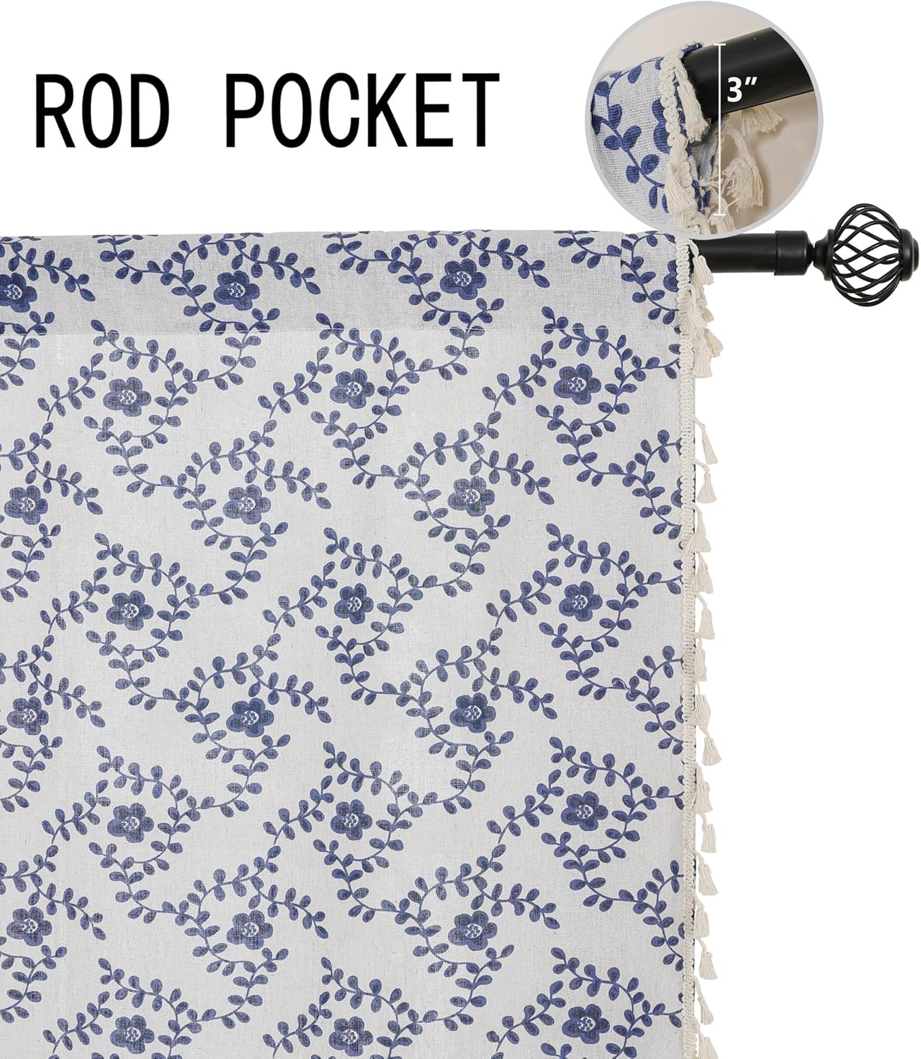 Floral Tier Curtains 48 Inches Long Rod Pocket Small Window Curtains with Tassels Blue Plum Blossom Flower Boho Farmhouse Kitchen Bathroom Curtains, 1 Panel