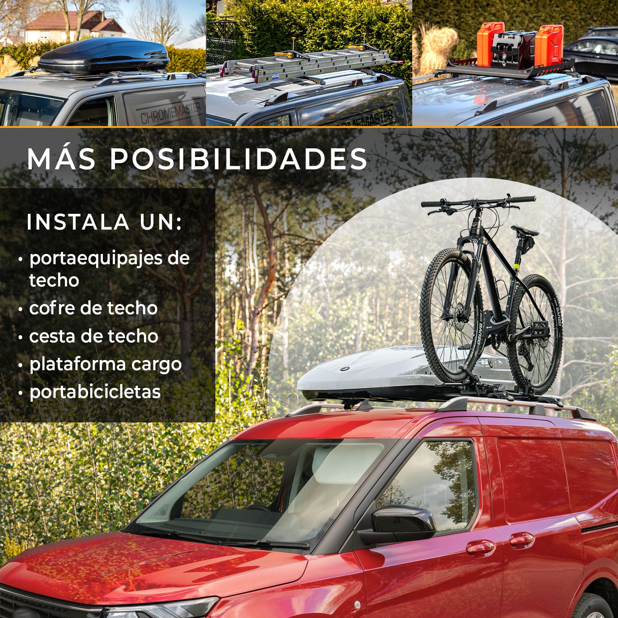 CHROMEMASTER | Barras Longitudinales de Techo Compatibles con Ford Transit Courier 2023+; Permiten el Montaje de Barras de Techo, Cofre de Techo y Portabicicletas | Instalación Fácil y Rápida