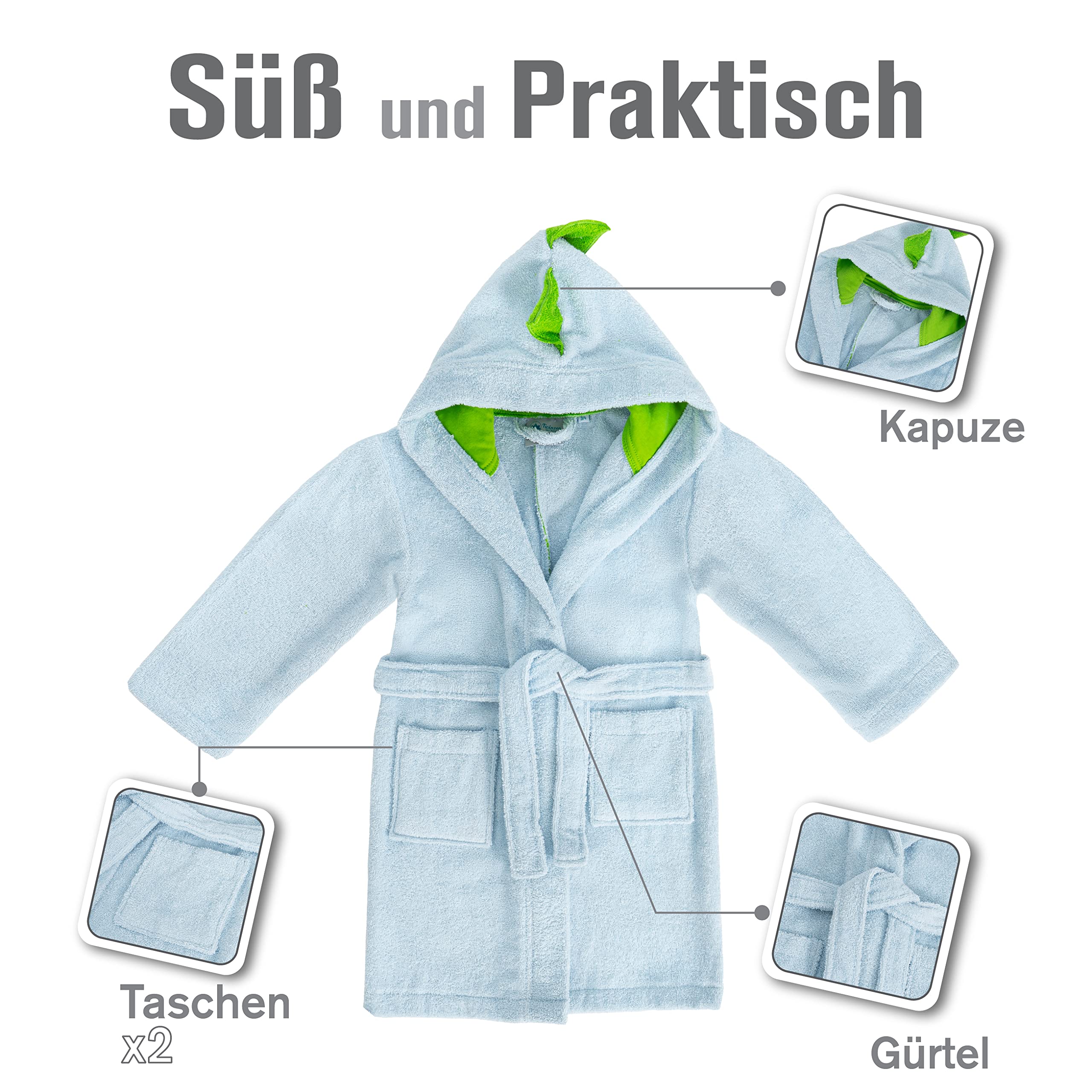 Twinzen Kinderbademantel Dinosaurier Junge und Mädchen - 100% Baumwolle OEKO-TEX®