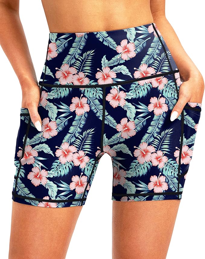 Soothfeel Women's High Waisted Swim Board Shorts 5 Inch UPF 50+ Tummy Control Bathing Suit Bottoms for Women with Pockets
