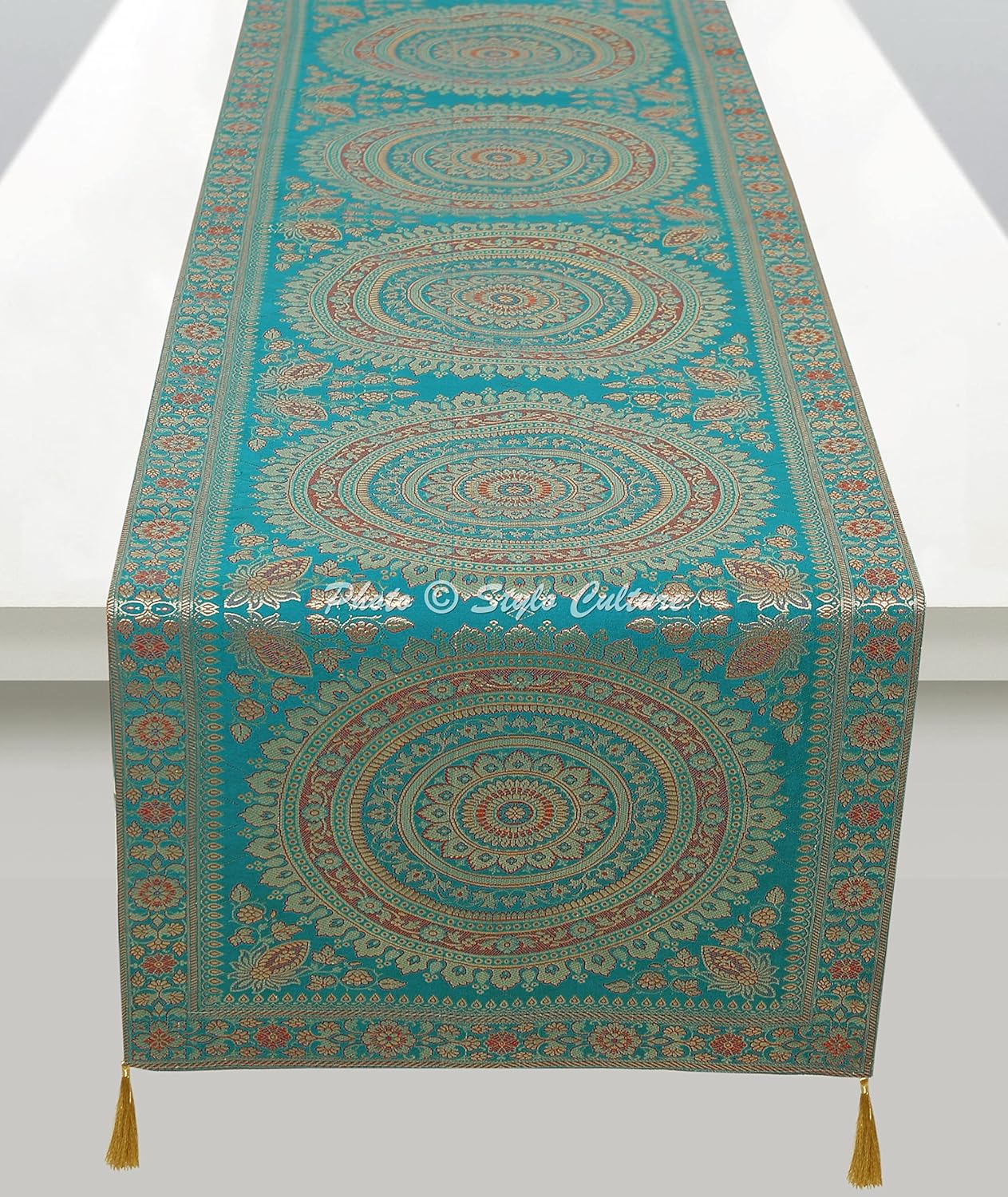 Ethnic Decorative Dining Tablecloth for Rectangle Table Emerald Green Gold Large Living Room Wedding Decor Round Mandala 68 Inch Brocade Jacquard Tassels Table Runner (68 x 16 Inch)