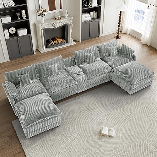 HYJT-H&K 145" U Shaped Cloud Couch Modular Light Grey Sectional Couches for Living Room, Comfy Fluffy Corduroy Oversized Cloud Sectional Couch Large 6 Seat Sectionals Sofa Set Central Console USB Port