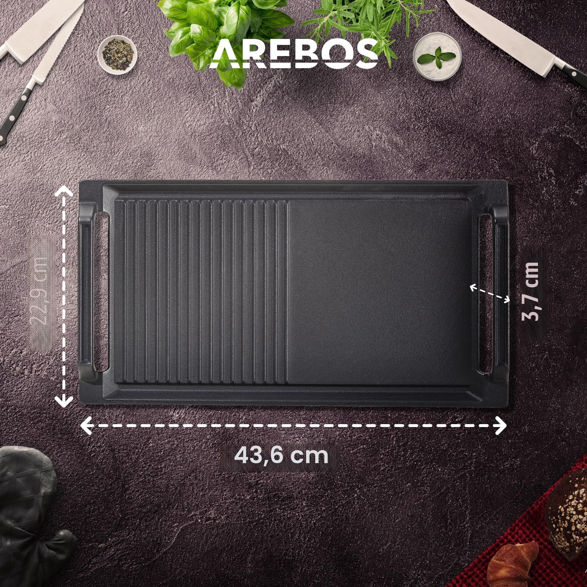 Arebos Piastra per cottura a induzione, 43,6 x 22,9 cm, in ghisa appositamente progettata per piani cottura a induzione, con base antiaderente, antigraffio, semi-rigata e semi-liscia