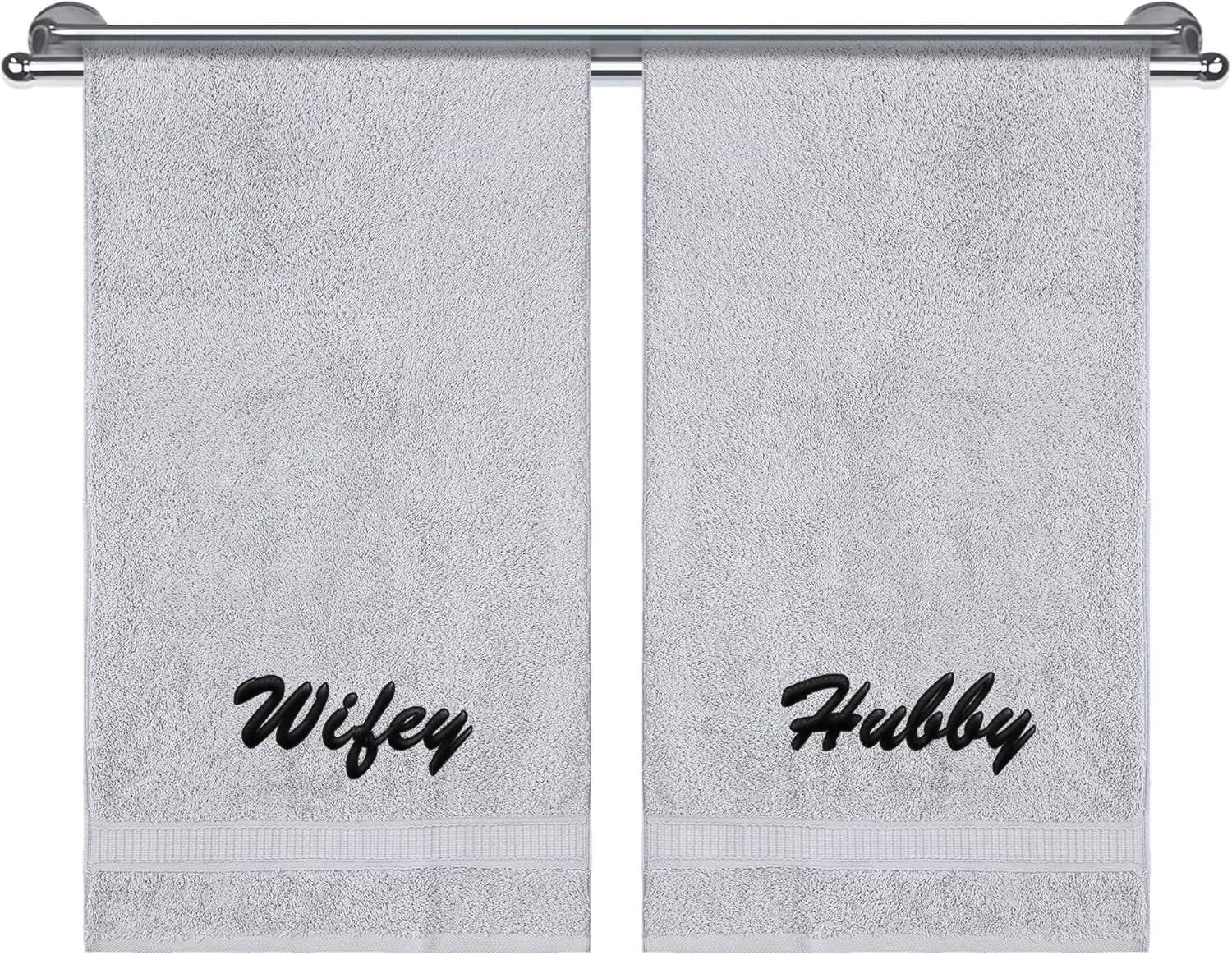 Hers and His Monogrammed Bath Towels, Couple's Gift Sets, Soft, Highly Absorbent, Anniversary, Wedding, Engagement Gifts for Couples, Turkish Genuine Cotton 2 Piece Bath Towel Set, Light Grey