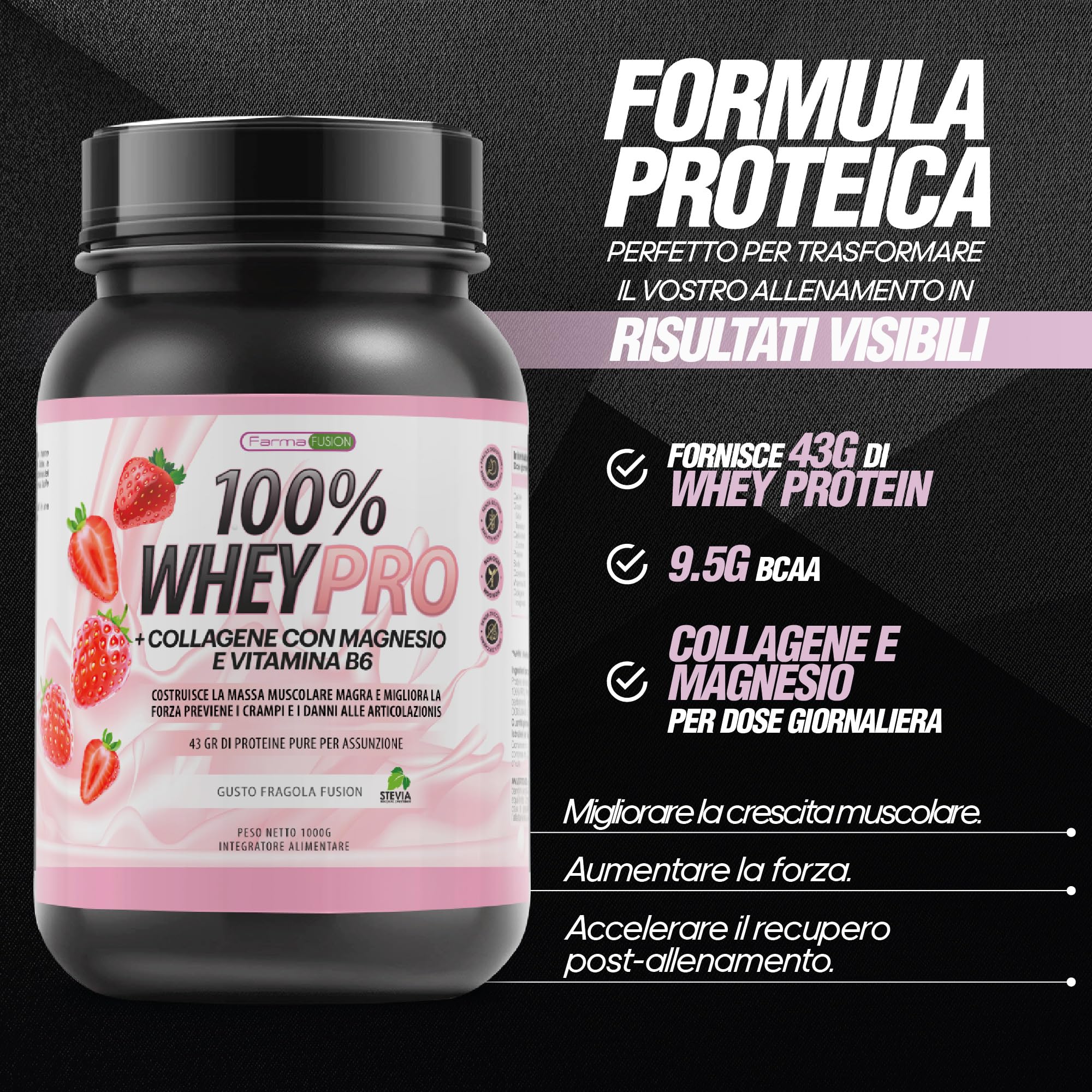 FARMAFUSION Proteine del Siero del Latte | Con Collagene e Magnesio | 43 Grammi di Proteine pure per dose | Aumenta la massa muscolare | Protegge e lubrifica le articolazioni, 1000 g Fragola