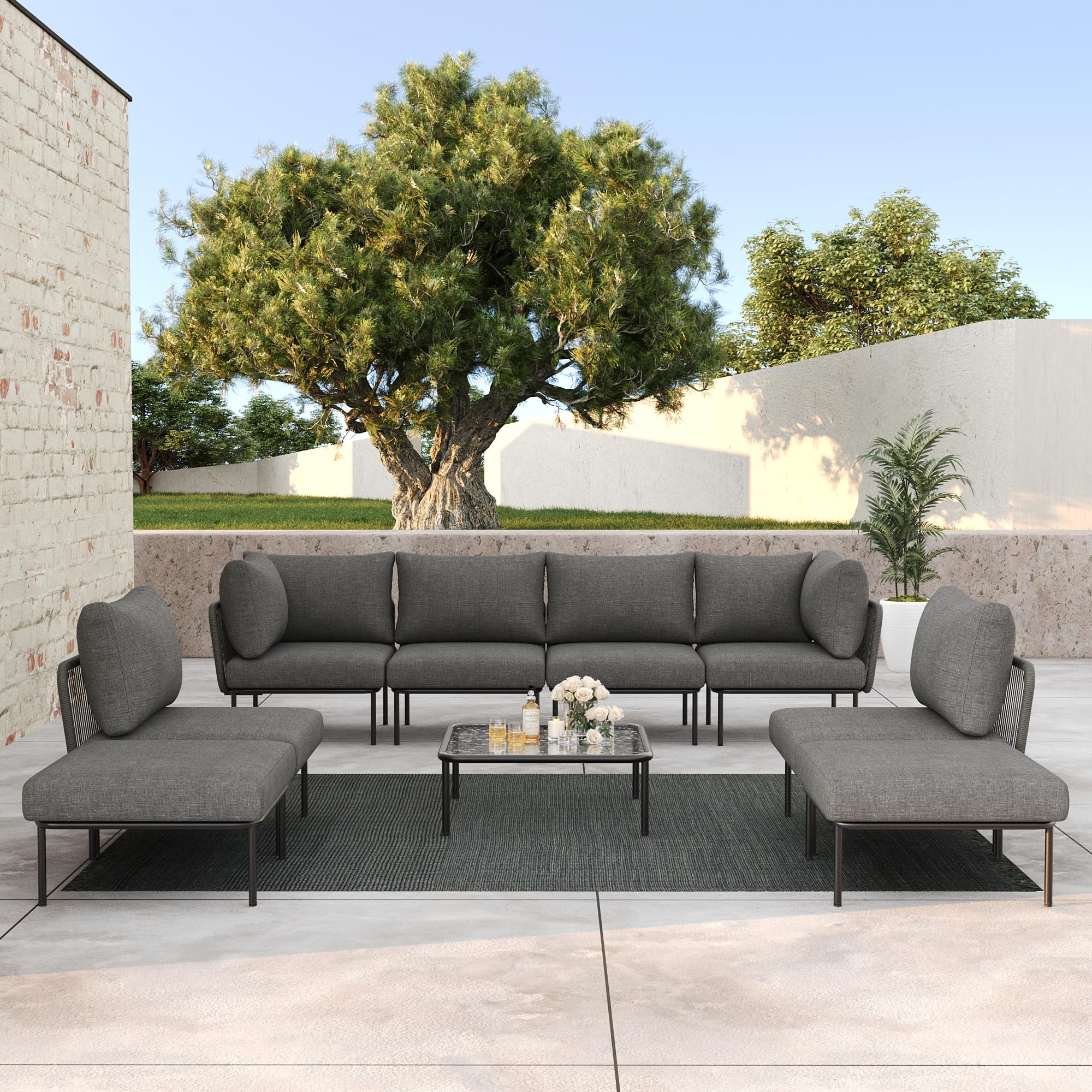 LayinSun 9 Pieces Aluminum Patio Furniture Set, Modern Modular Sectional Sofa with Coffee Table and Upgrade Thickness Cushion