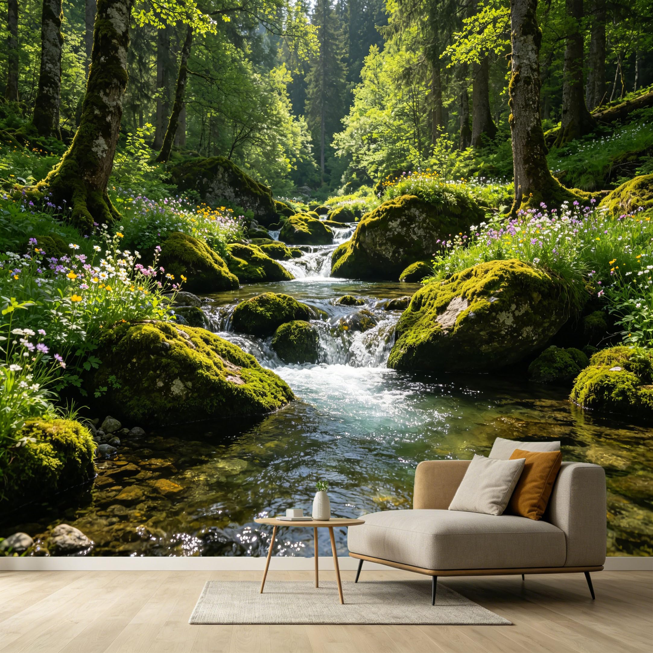 Custom Size Wall Murals Forest Stream Landscape Mossy Rocks Wildflowers SelfAdhesive Wall Fabric Removable Large Wallpaper for Photo Living Room Interior Decor