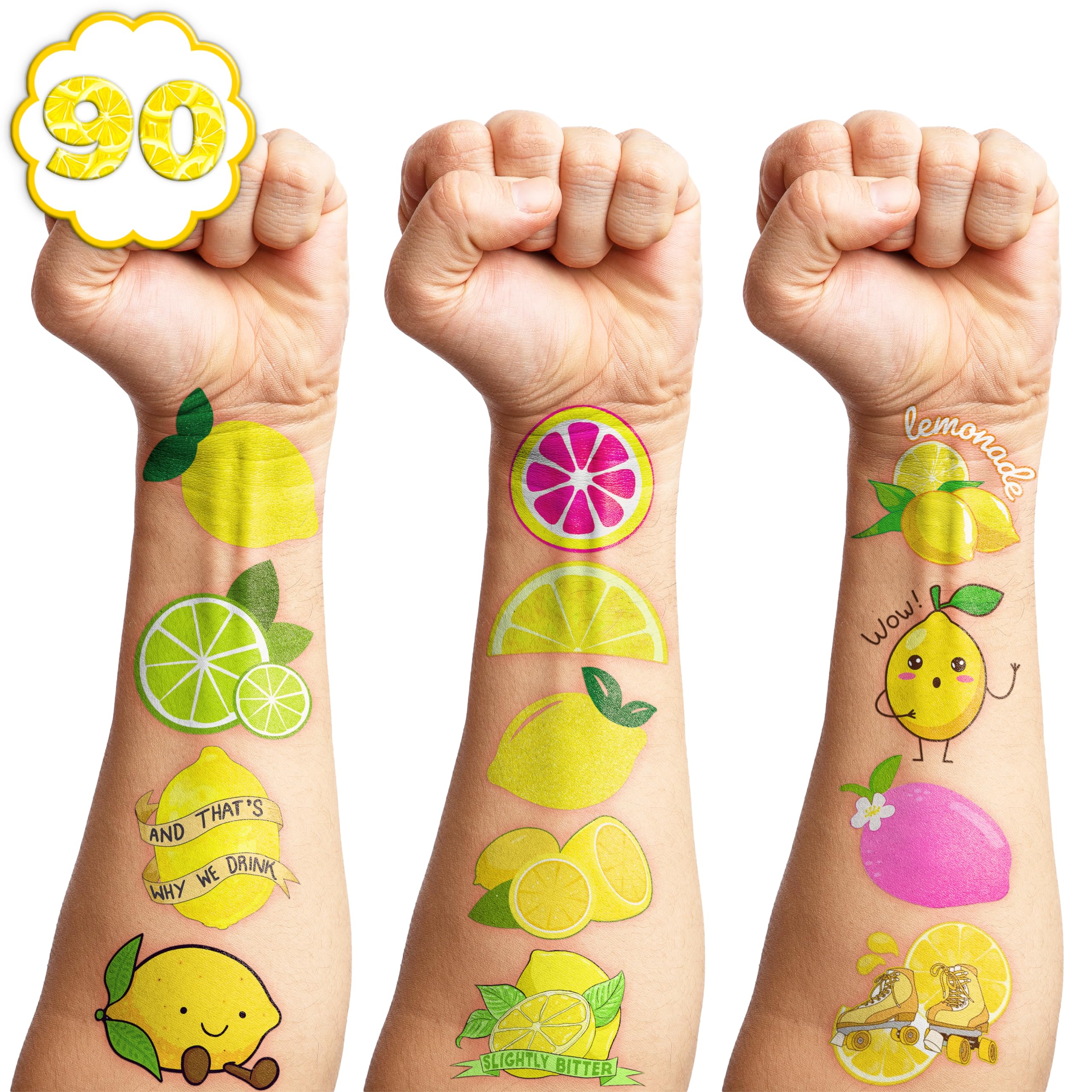 Lemon Temporary Tattoos 89 PCS Yellow Lemonade Citrus Party Decorations Favors Supplies Lime Soda Fruit Theme Birthday Cute Tattoo Stickers Christmas Gifts for Boys Girls Kids School Prizes Carnival