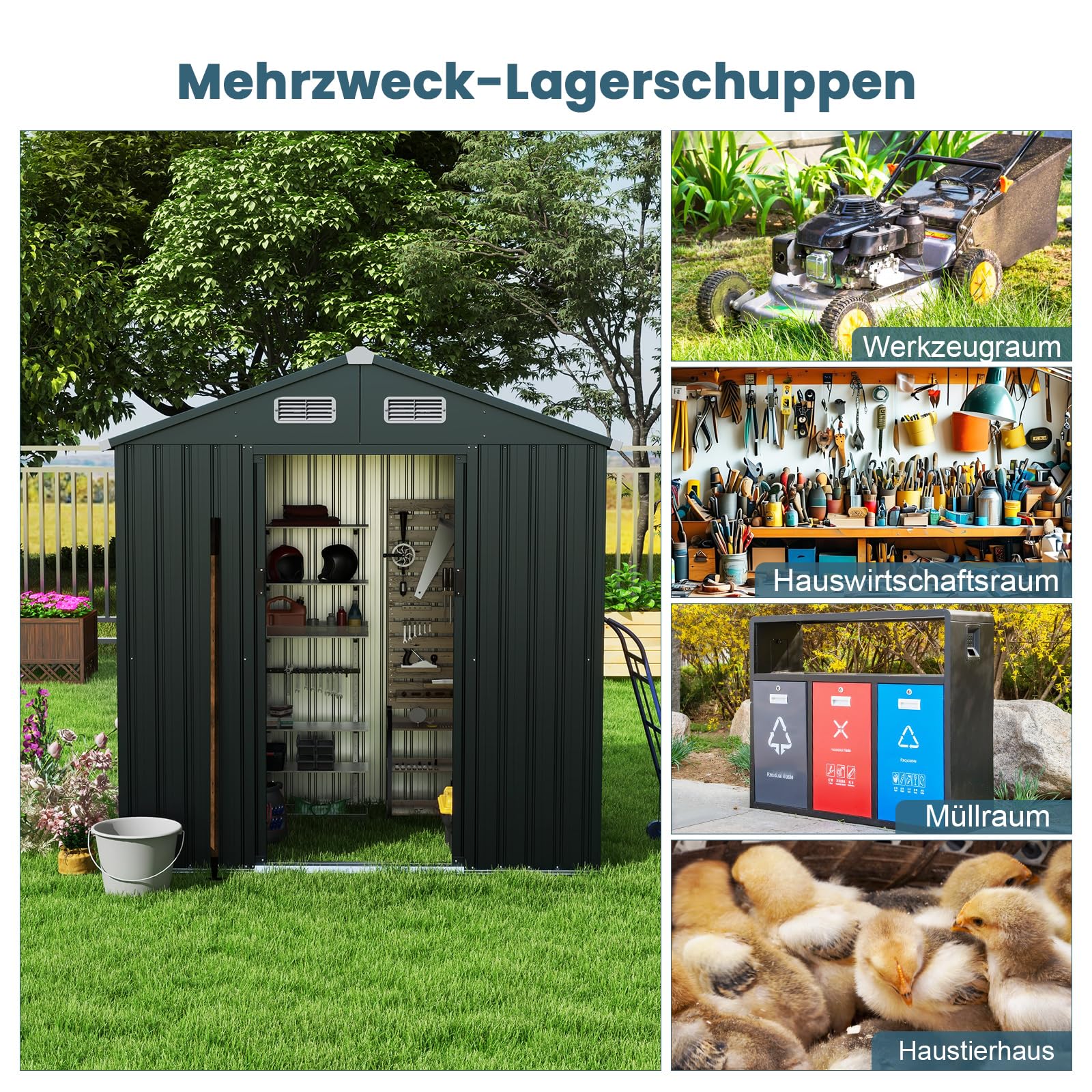 COSTWAY Domek ogrodowy metalowy, 182 x 129 x 197 cm | 3,25 m³, szopa ogrodowa z dachem dwuspadowym i 2 drzwiami przesuwnymi, szopa na narzędzia z zamkiem, domek ogrodowy, szopa ogrodowa na zewnątrz