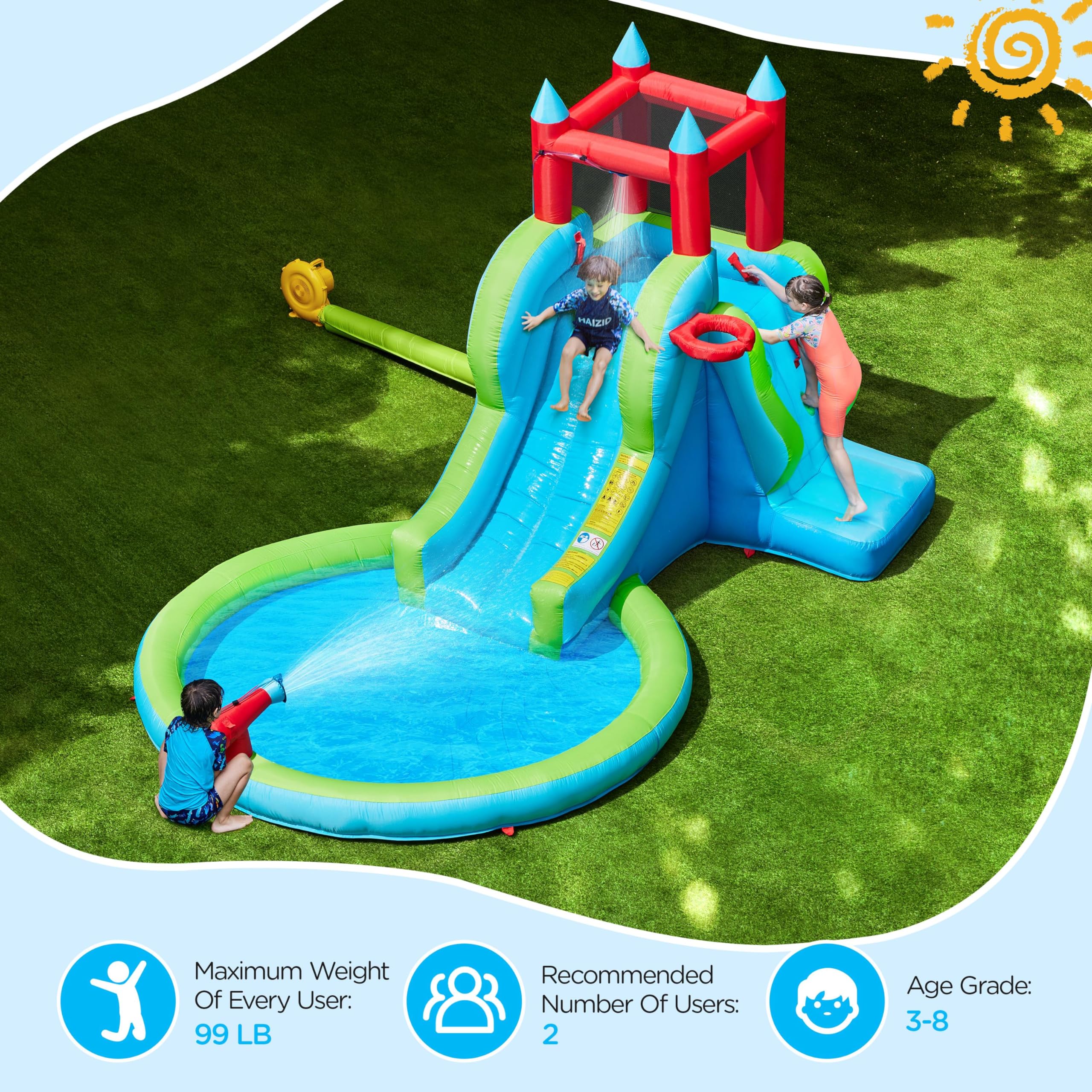 Yaheetech Inflatable Water Slide, 5-in-1 Outdoor Blow up Water Slide for Kids Aged 3-8 w/Water Cannon & Basketball Hoop & Climbing Wall, Kids Water Slide for Backyard w/Storage Bag & 350W Blower