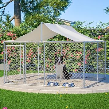 YOPTO Outdoor Dog Enclosure Heavy Duty Dog Kennel House Mesh Outside Galvanized Chain Link Dog Run with Roof,Dog Cage Large Dogs Dog Pen Pet Kennel W/Waterproof Anti-UV Cover&Secure Lock for Large Dog
