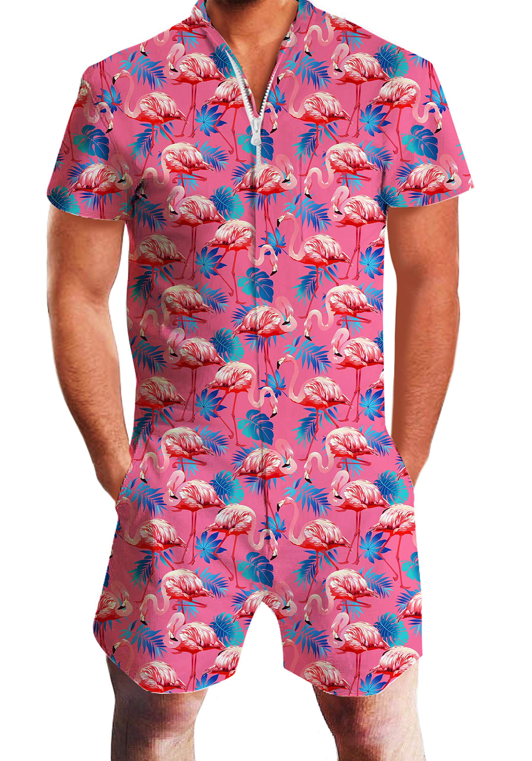 AIDEAONEMens Casual 3D Printed Short Sleeve Rompers Zip Jumpsuit with Pocket S-XXL