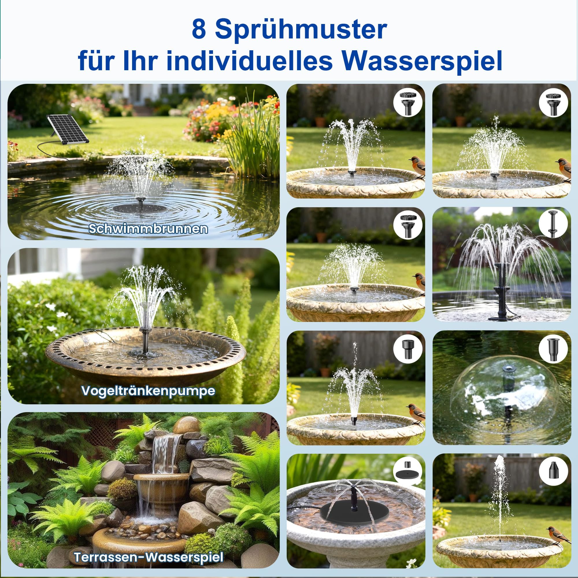 Biling 6W Solar Springbrunnen für außen mit 3000mAh Batterie Solar Teichpumpe mit Akku Solar Brunnenpumpen mit Akku, Solar Wasserpumpe Schwimmende Fontäne für Solar Wasserspiel Brunnen Draussen Teich