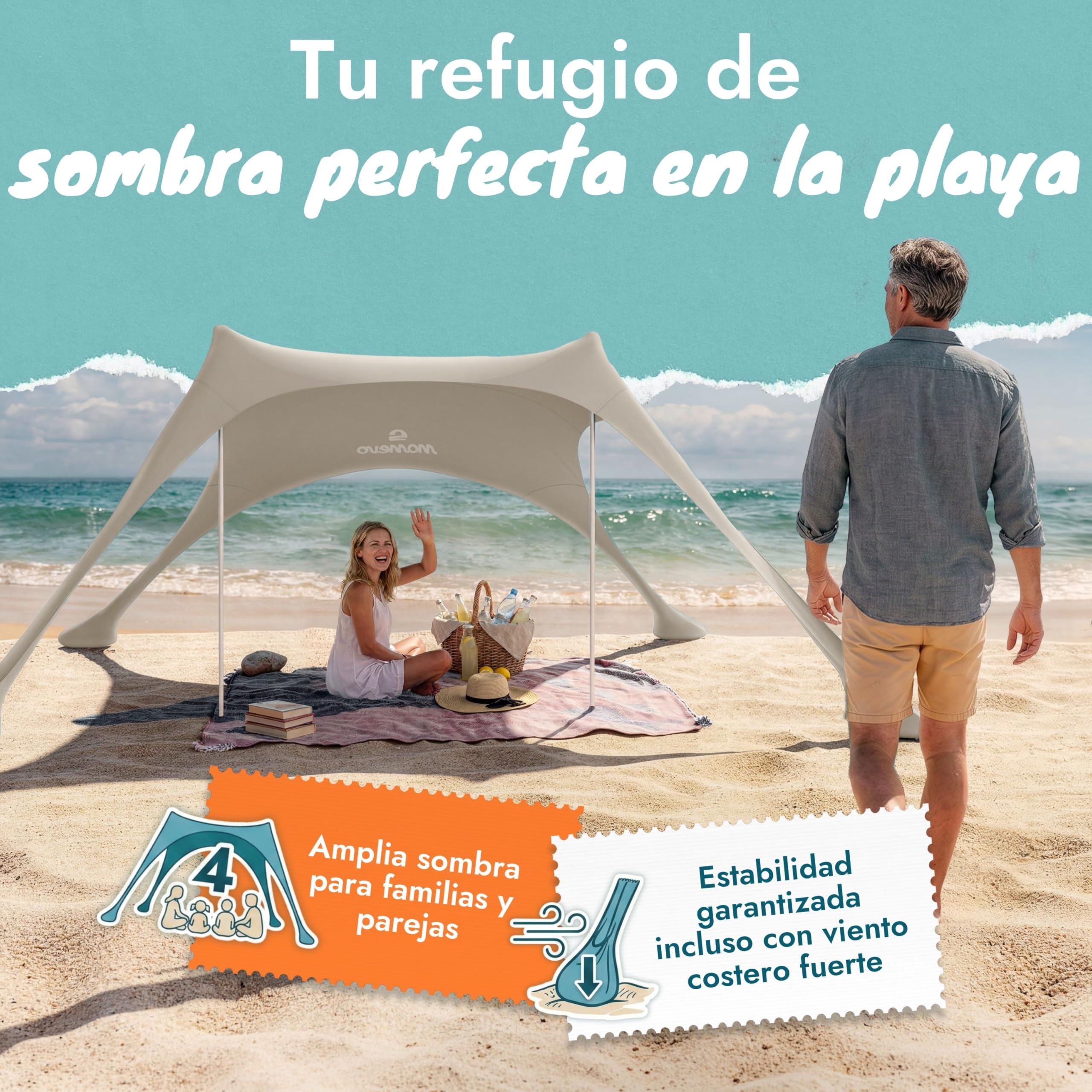 Tienda de Playa con toldo Solar – Refugio de Playa con protección UV UPF 50+, Resistente al Viento y Ligera, Tienda de Playa de Nueva generación (2 Barras, Arena)