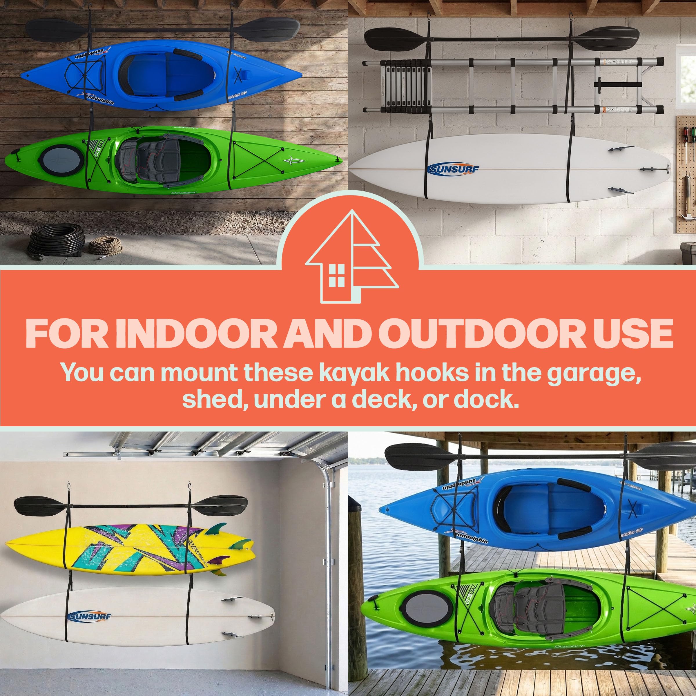 RAD Sportz Kayak Rack - Hanging Storage from Wall or Ceiling for Surfboards, Paddleboards, Sup, or Canoe - Adjustable Kayak Straps