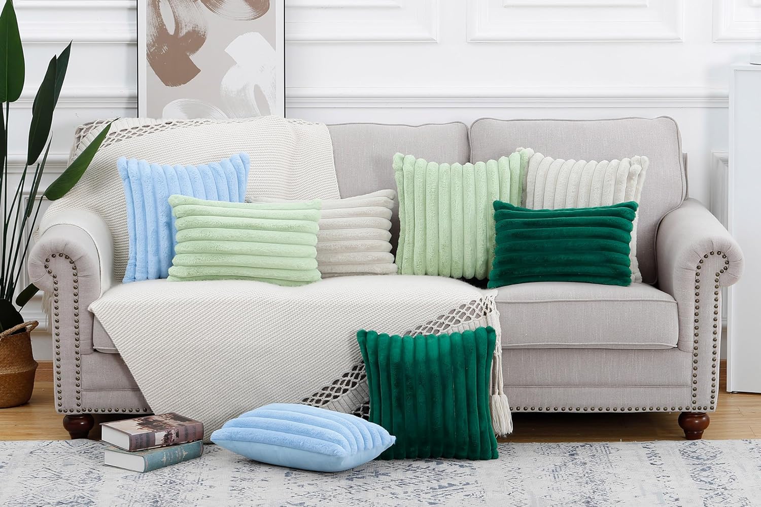 MADIZZ Set of 2 Faux Wool Plush Decorative Throw Pillow Covers 22x22 Inch Green Fluffy Striped Soft Decorative Cushion Cover for Sofa Bedroom Pillow Shell