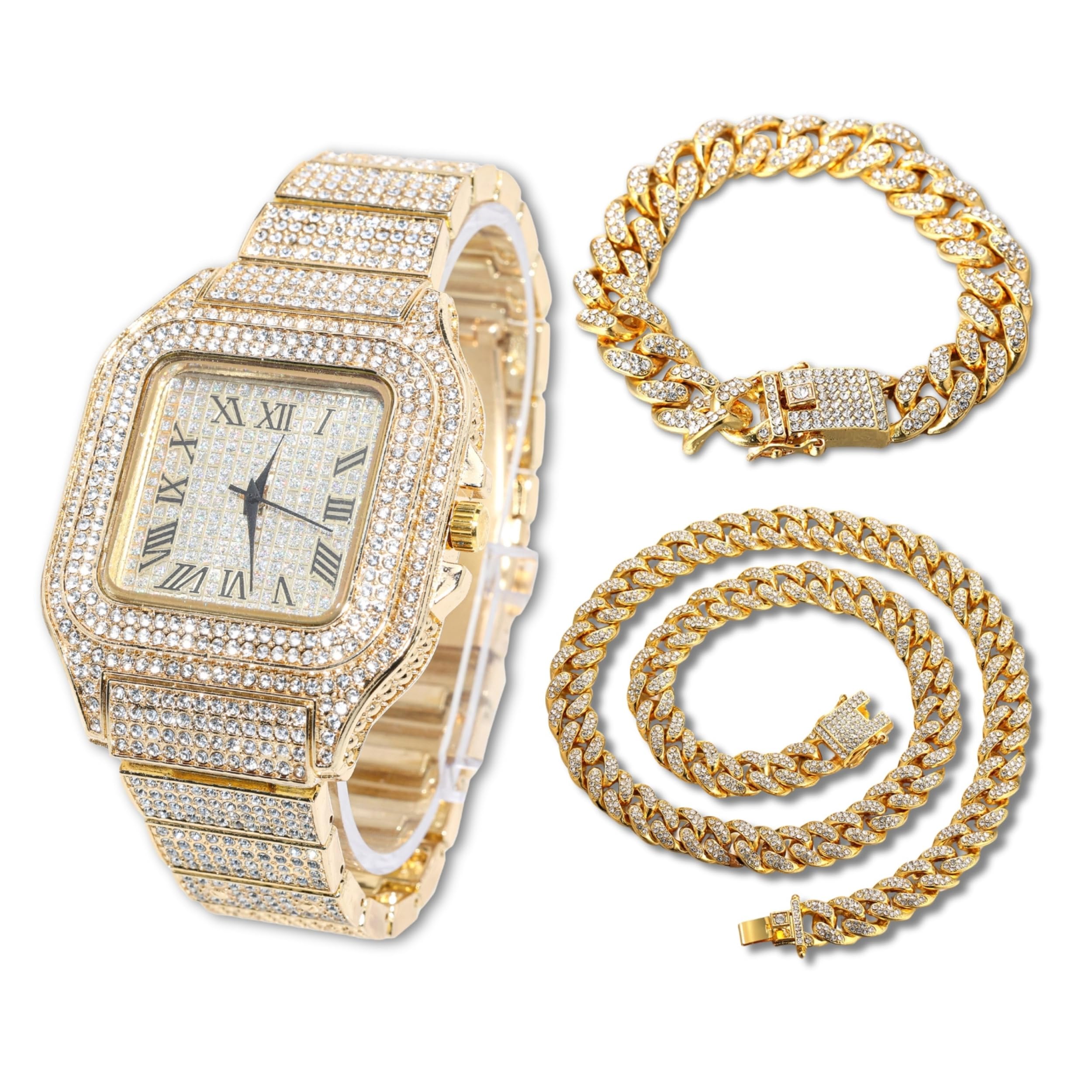Men’s Watch - The King - 18K Gold/Platinum Plated, 40MM Square Dial, Iced Out Wristband, with Cuban Link Chain Necklace and Bracelet Set Optional, Comes in Giftbox