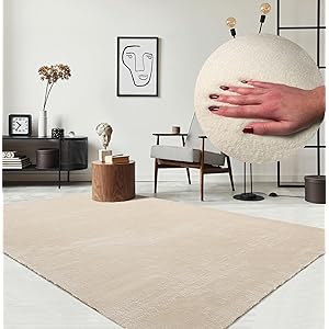 the carpet Relax Tappeto moderno a pelo corto, soggiorno, fondo antiscivolo, lavabile fino a 30 gradi, morbidissimo, aspetto pelliccia, Beige, 200 x 280 cm