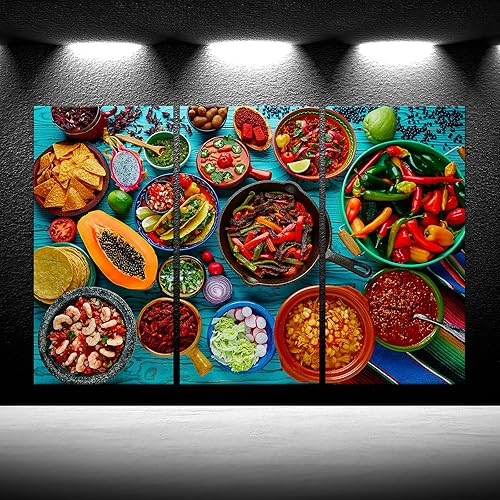 Miniatura 2 de 3 piezas de lienzo de pintura de pared de comida mexicana, tomate, chile rojo, pimienta amarilla, melón, patatas fritas, fruta del dragón, póster