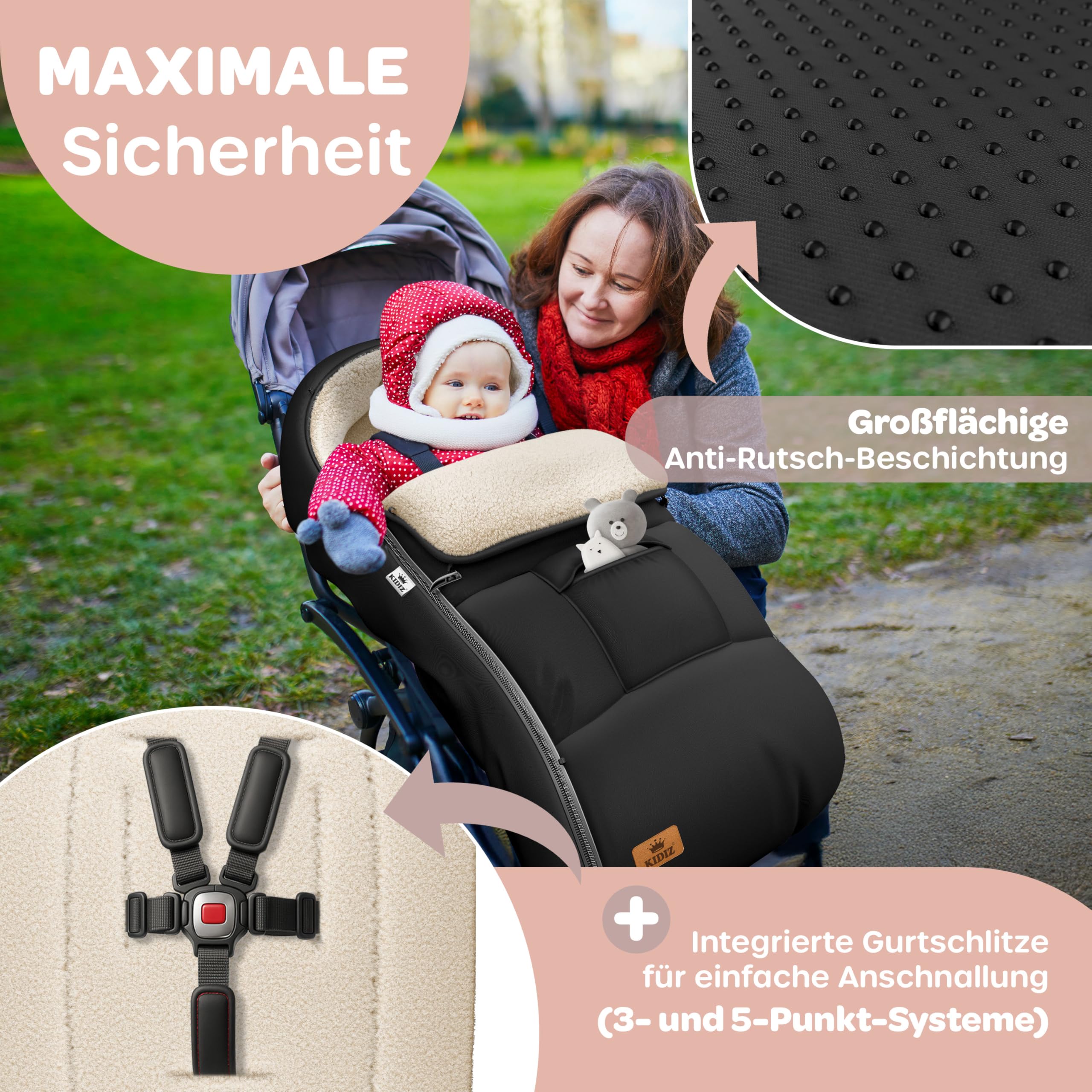 Kidiz Babyfußsack Winterfußsack Kinderwagen Universal Lammfleece wasserdicht winddicht 3- & 5-Punkt-Gurt Schwarz