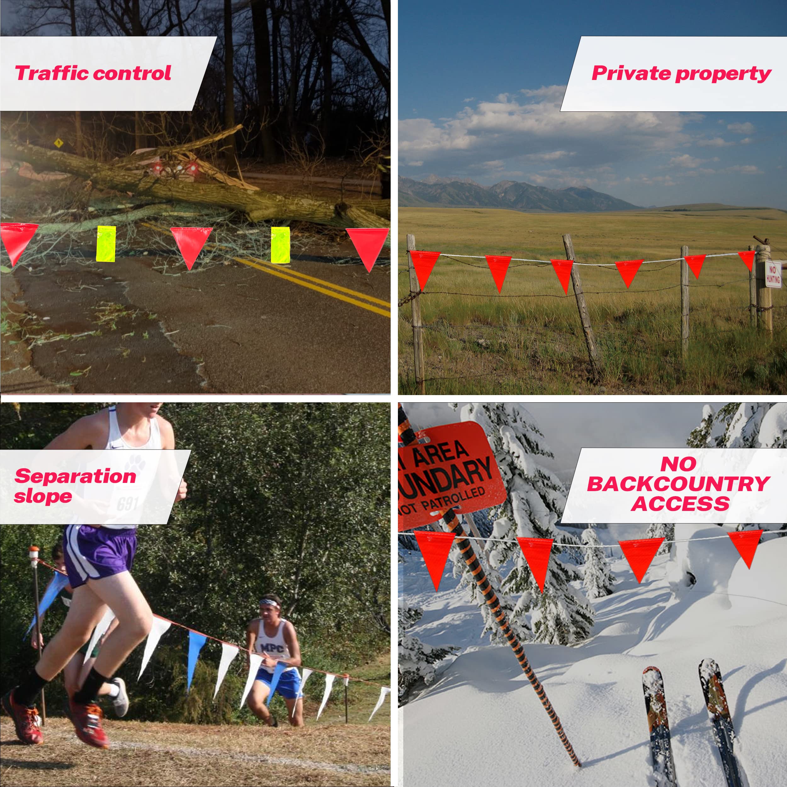 Fluorescent Orange OSHA Perimeter Marking Flags (102FT string) Warn of hazardous areas, traffic control.Marking construction sites, scaffolding, sporting events, private property. — Amazon image 7