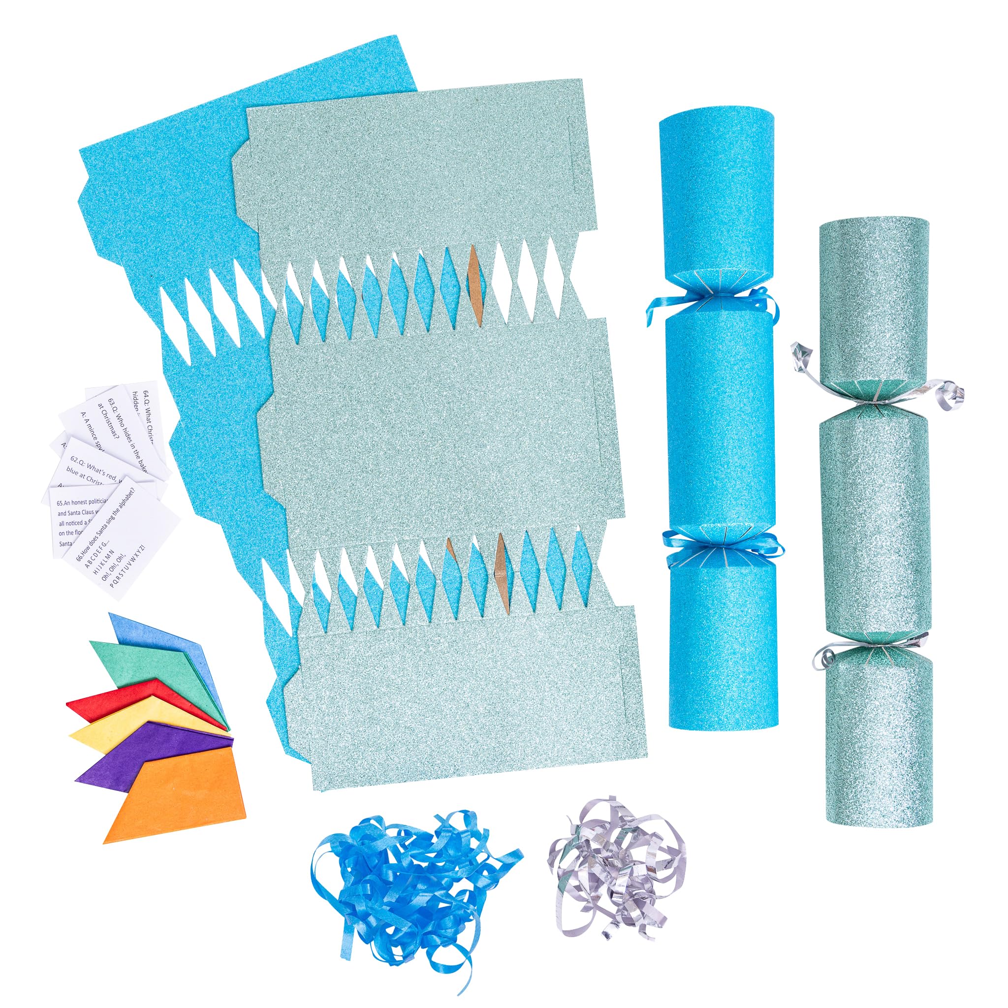 evelay 12 Make Your Own Christmas Cracker Kit DIY Light Green & Blue Glitter Crackers Hats Snaps Jokes (Light Green, Blue)
