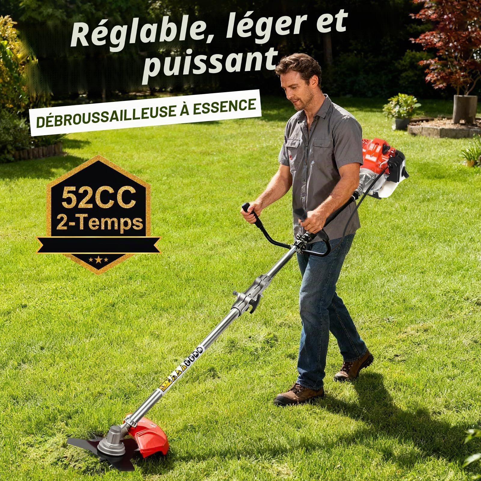 Débroussailleuse Thermique à 52cm³ 2 Temps 2,2KW, Debrouissalleuses à Dos avec Lame 3 Dents et Tête de Coupe en Nylon, pour Jardin et Défrichage (Rouge)