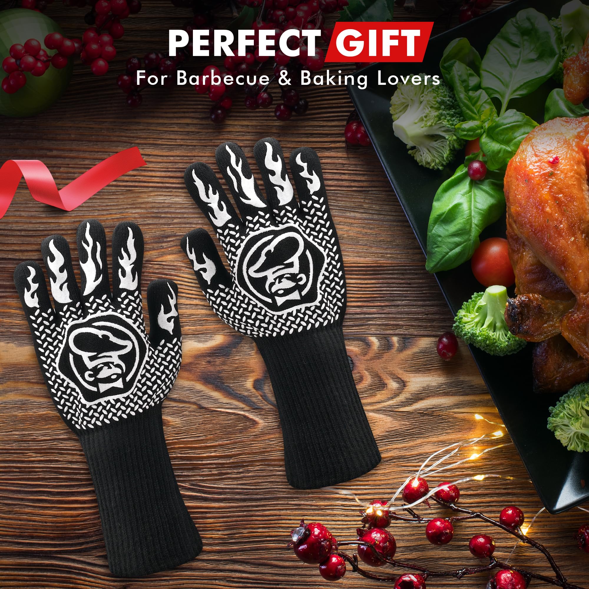 Commercial Chef Guantes de barbacoa resistentes al calor para barbacoa, cocinar, hornear, cortar, guantes antideslizantes para horno de cocina, accesorios de parrilla con revestimiento antideslizante