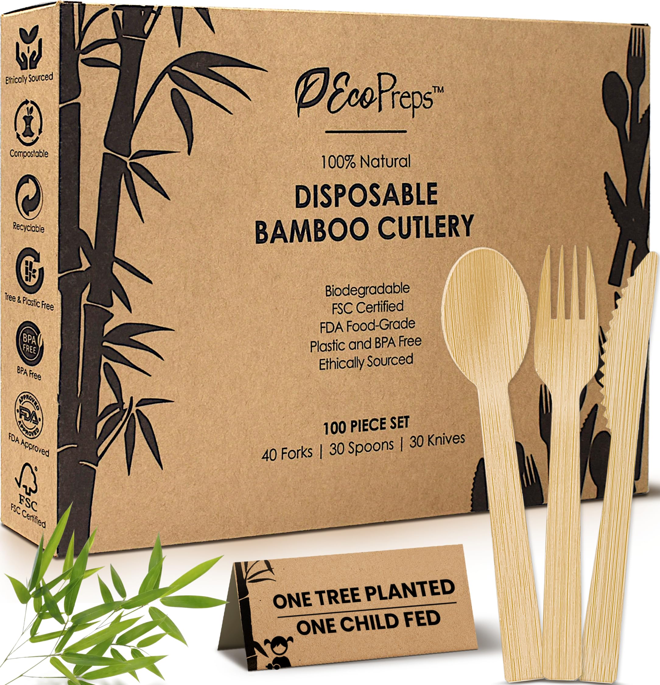 100pc Natural Bamboo Wooden Utensils (100 PCS - 40 Forks, 30 Spoons, 30 Knives) Eco-Friendly, Biodegradable Disposable Cutlery Set