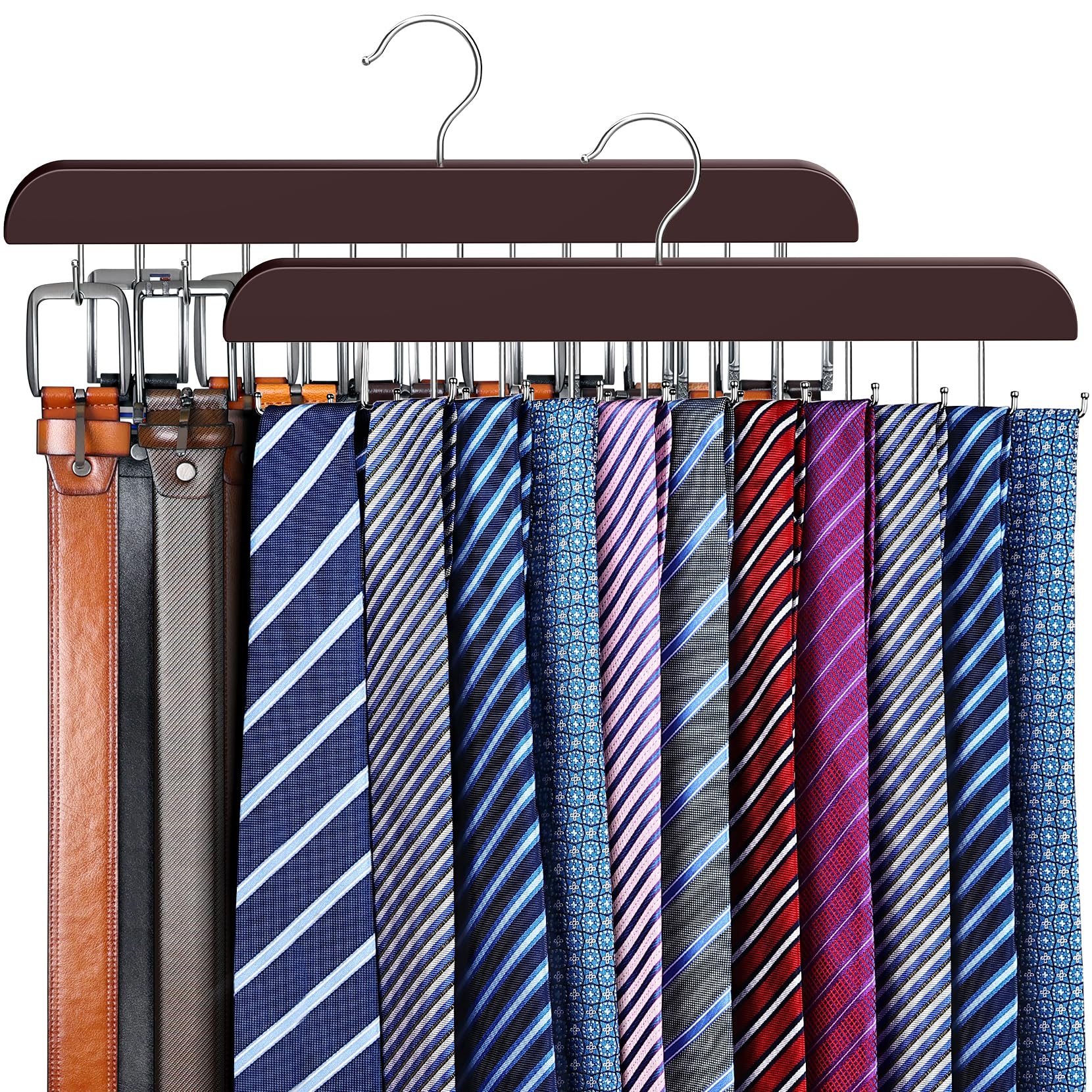 Photo 1 of 2 Pack Tie Rack & Belt Hanger 2 in 1 Tie Hanger Space Saving Max 42 Belts& 60 Ties Capacity for Closet Organizers and Storage, Sturdy Wood Belt & Tie Closet Organizers and Storage
