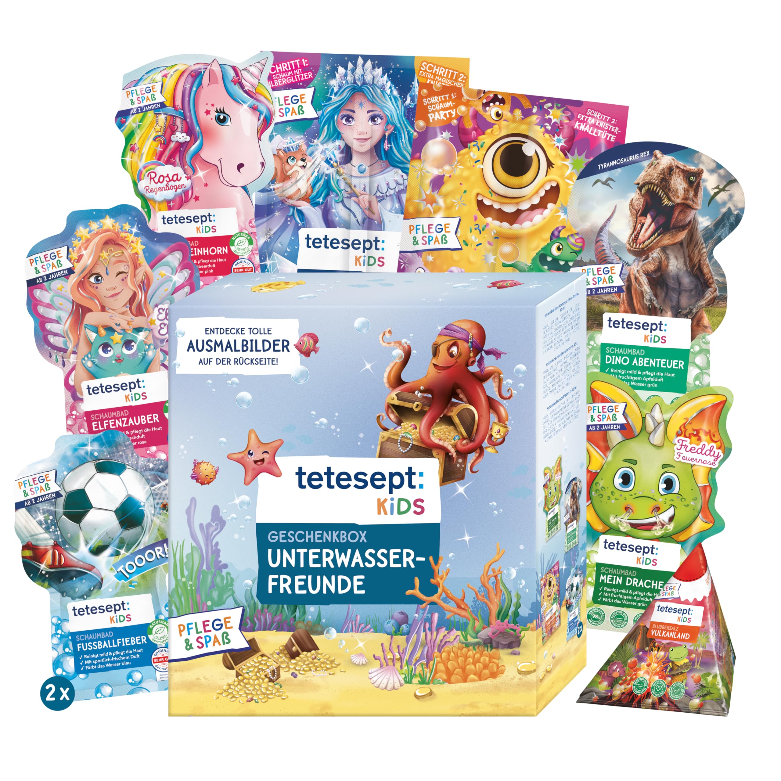 tetesept Kids Geschenkbox Frolumbus Abenteuer - Badezusatz Geschenkset mit Sprudelbad, Schaumbad, Badeüberraschung & Dusche - mit hautpflegender Rezeptur – 9er Set